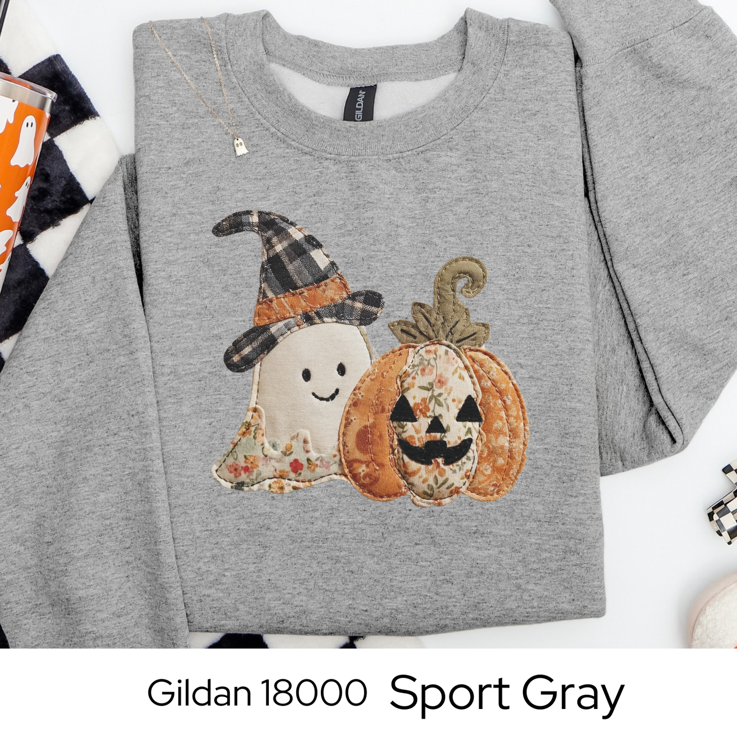 Halloween Sweatshirt Faux Embroidery Ghost Pumpkin, Cozy Fall Patchwork Style Gildan 18000 Crewneck, Spooky Season Outfit
