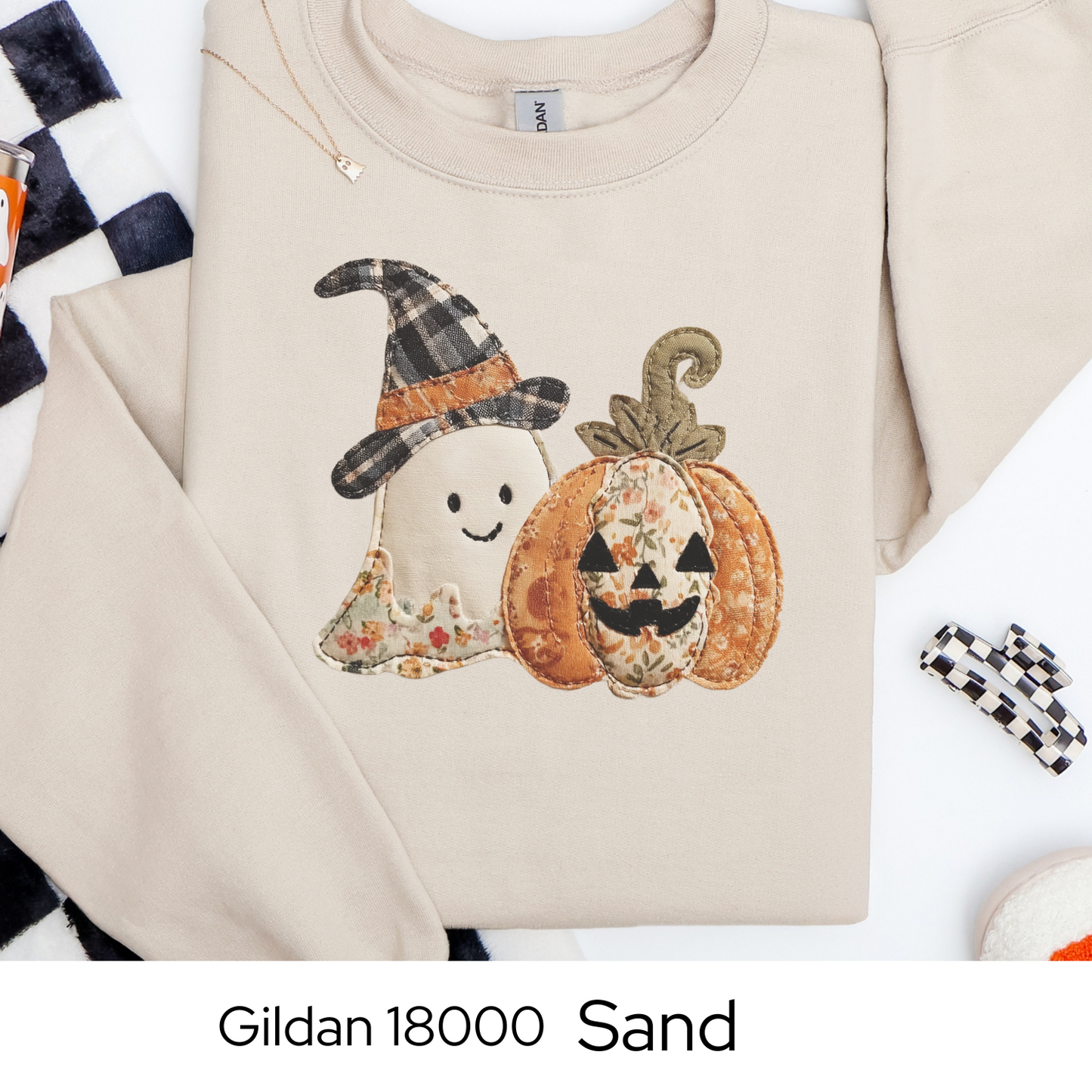 Halloween Sweatshirt Faux Embroidery Ghost Pumpkin, Cozy Fall Patchwork Style Gildan 18000 Crewneck, Spooky Season Outfit