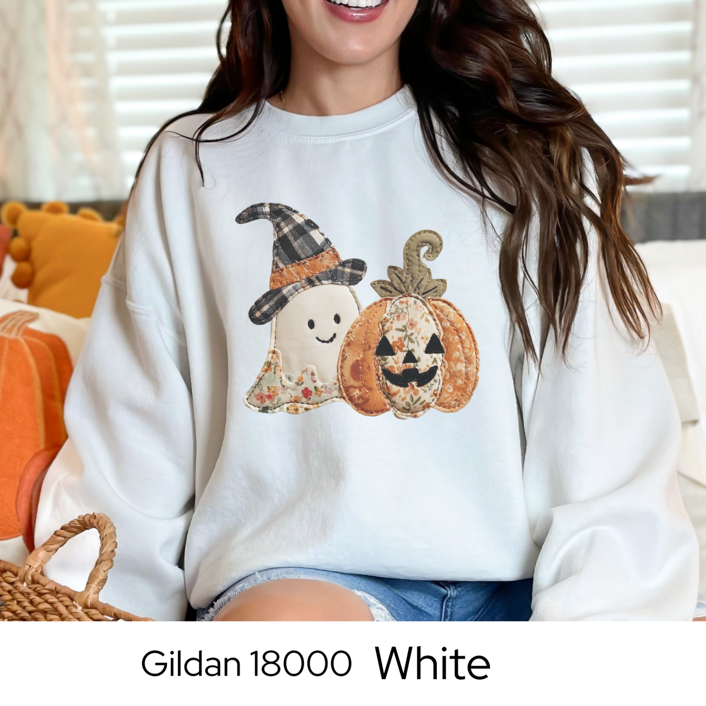 Halloween Sweatshirt Faux Embroidery Ghost Pumpkin, Cozy Fall Patchwork Style Gildan 18000 Crewneck, Spooky Season Outfit