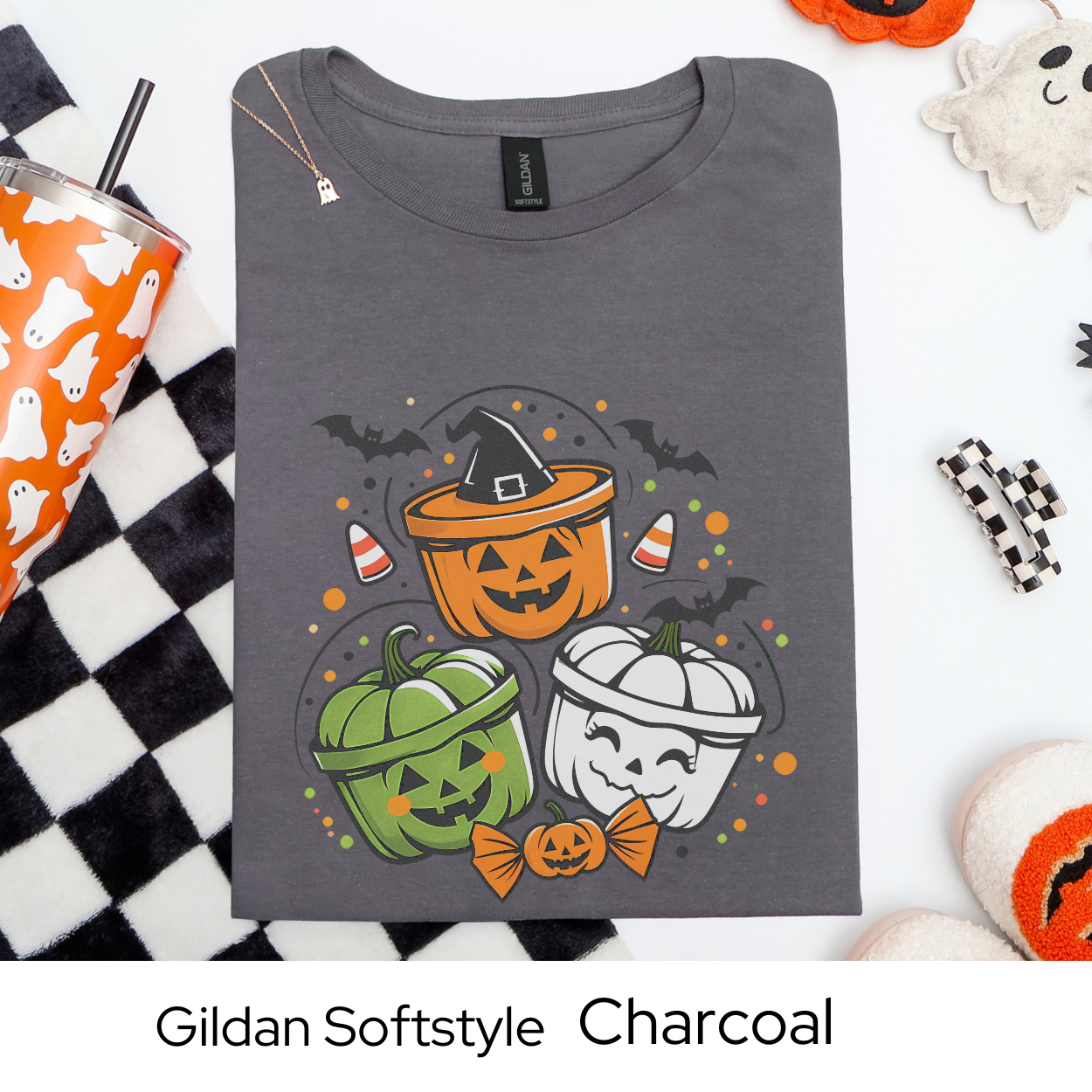 Halloween Buckets Shirt, Cute Spooky Graphic Tee, Fall Candy Corn Shirt, Trick or Treat Bats Ghosts Shirt for Halloween Outfit