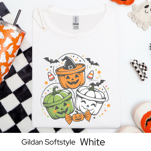 Halloween Buckets Shirt, Cute Spooky Graphic Tee, Fall Candy Corn Shirt, Trick or Treat Bats Ghosts Shirt for Halloween Outfit