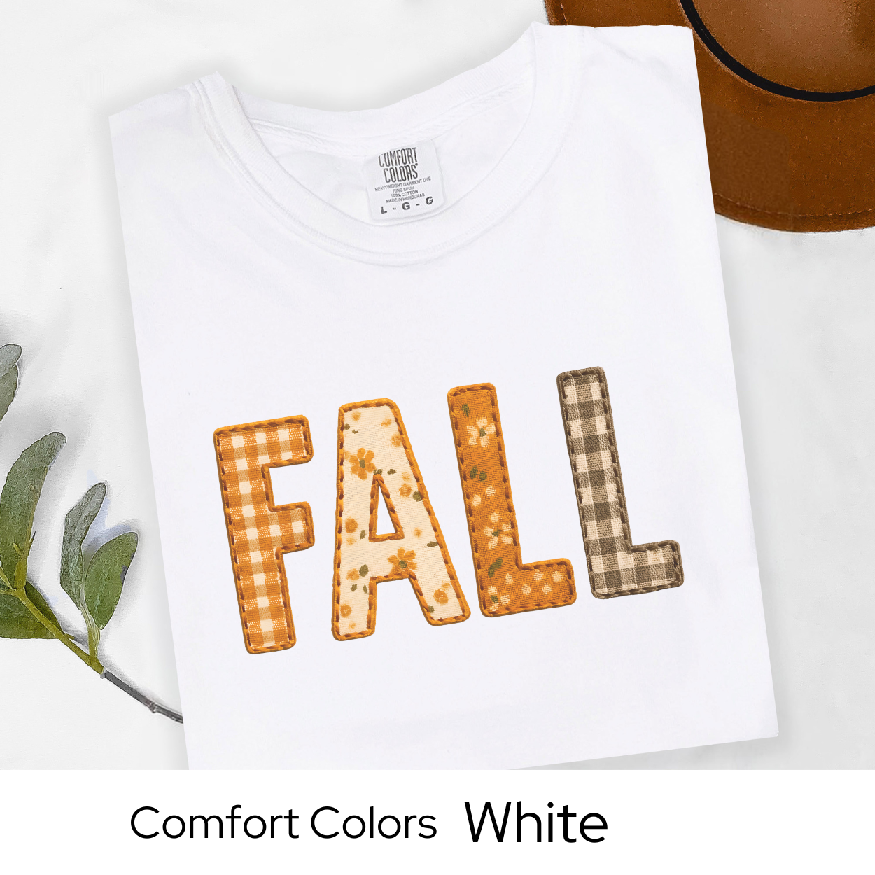 Fall Shirt Faux Embroidery Comfort Colors Tee | Autumn Pumpkin Patchwork Plaid Graphic Top