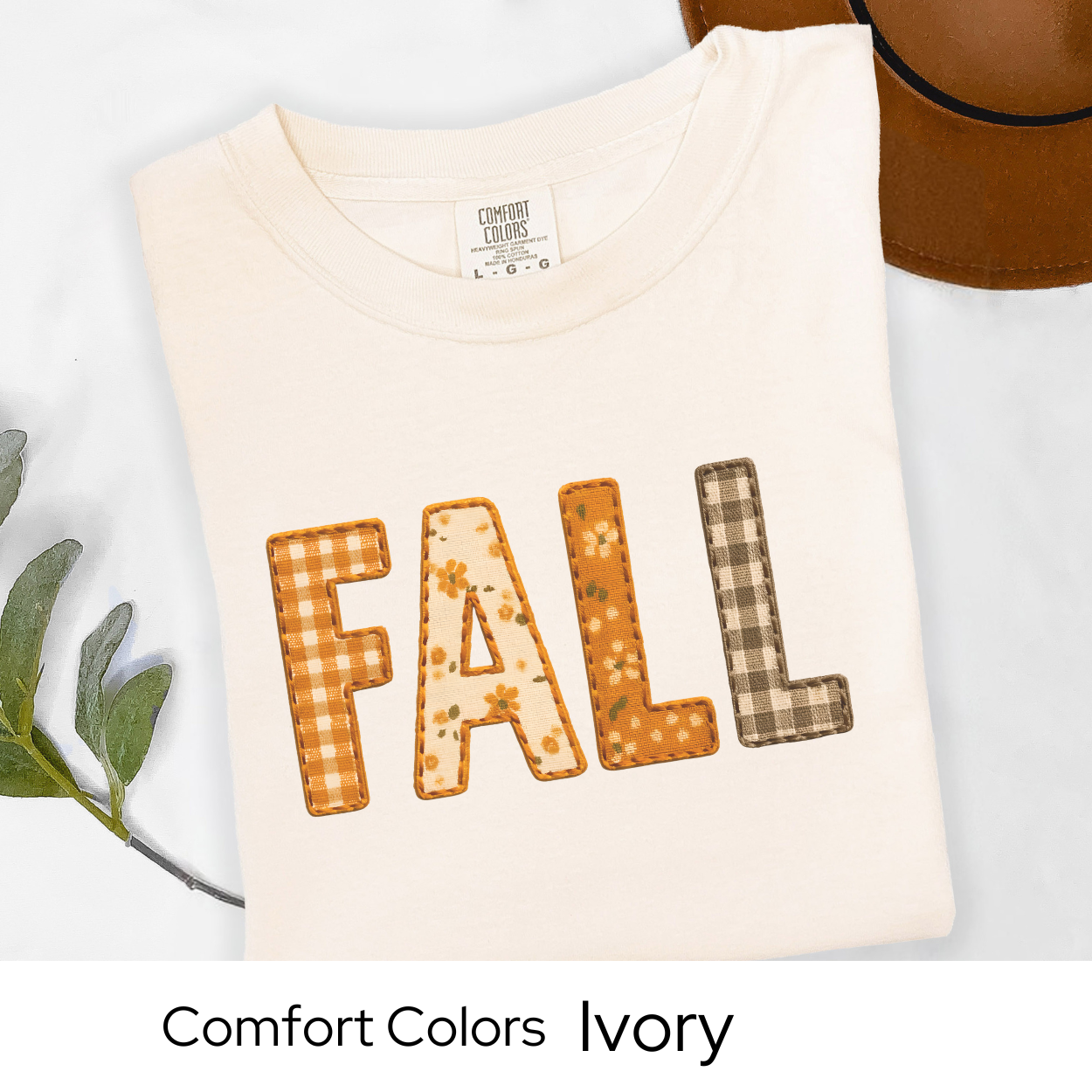 Fall Shirt Faux Embroidery Comfort Colors Tee | Autumn Pumpkin Patchwork Plaid Graphic Top