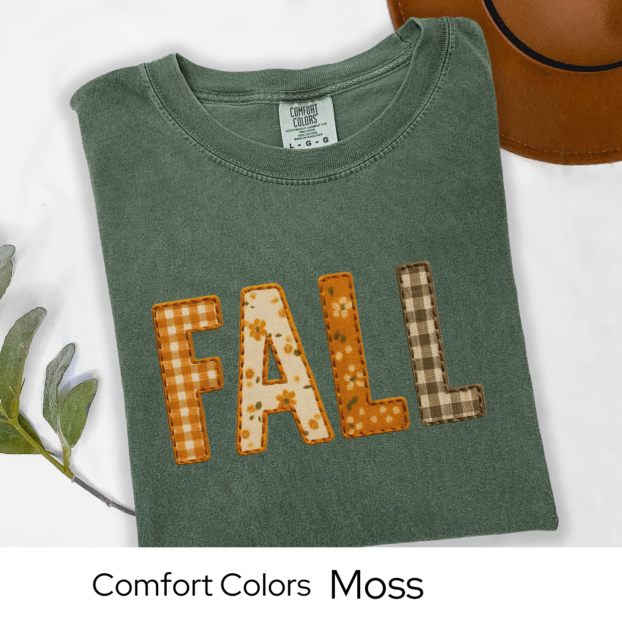 Fall Shirt Faux Embroidery Comfort Colors Tee | Autumn Pumpkin Patchwork Plaid Graphic Top
