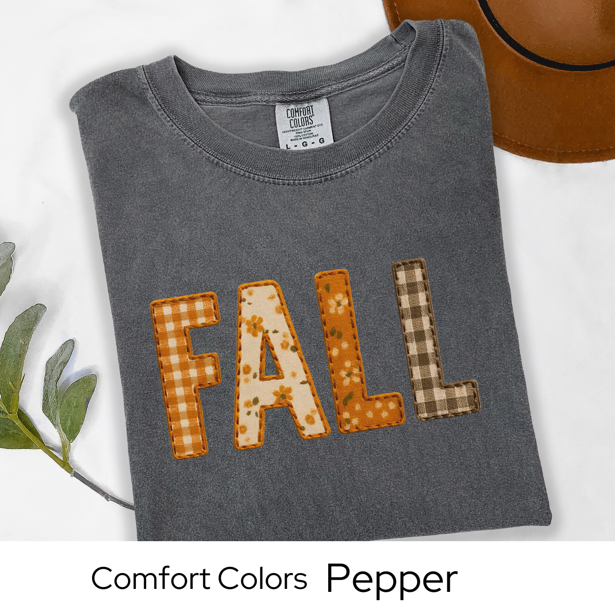 Fall Shirt Faux Embroidery Comfort Colors Tee | Autumn Pumpkin Patchwork Plaid Graphic Top