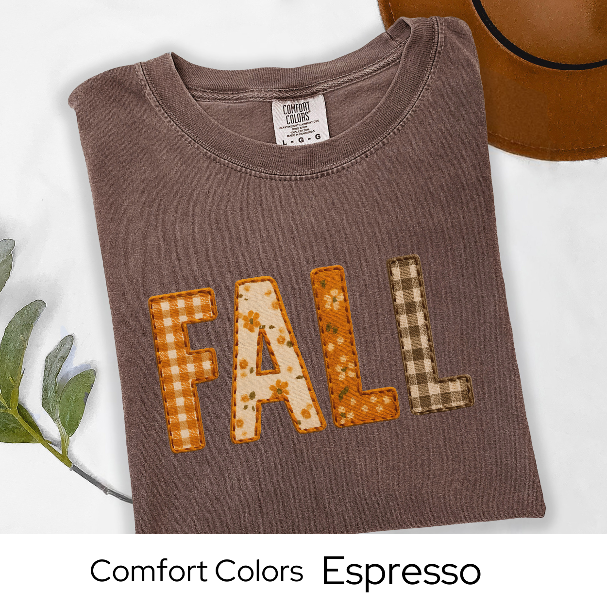Fall Shirt Faux Embroidery Comfort Colors Tee | Autumn Pumpkin Patchwork Plaid Graphic Top