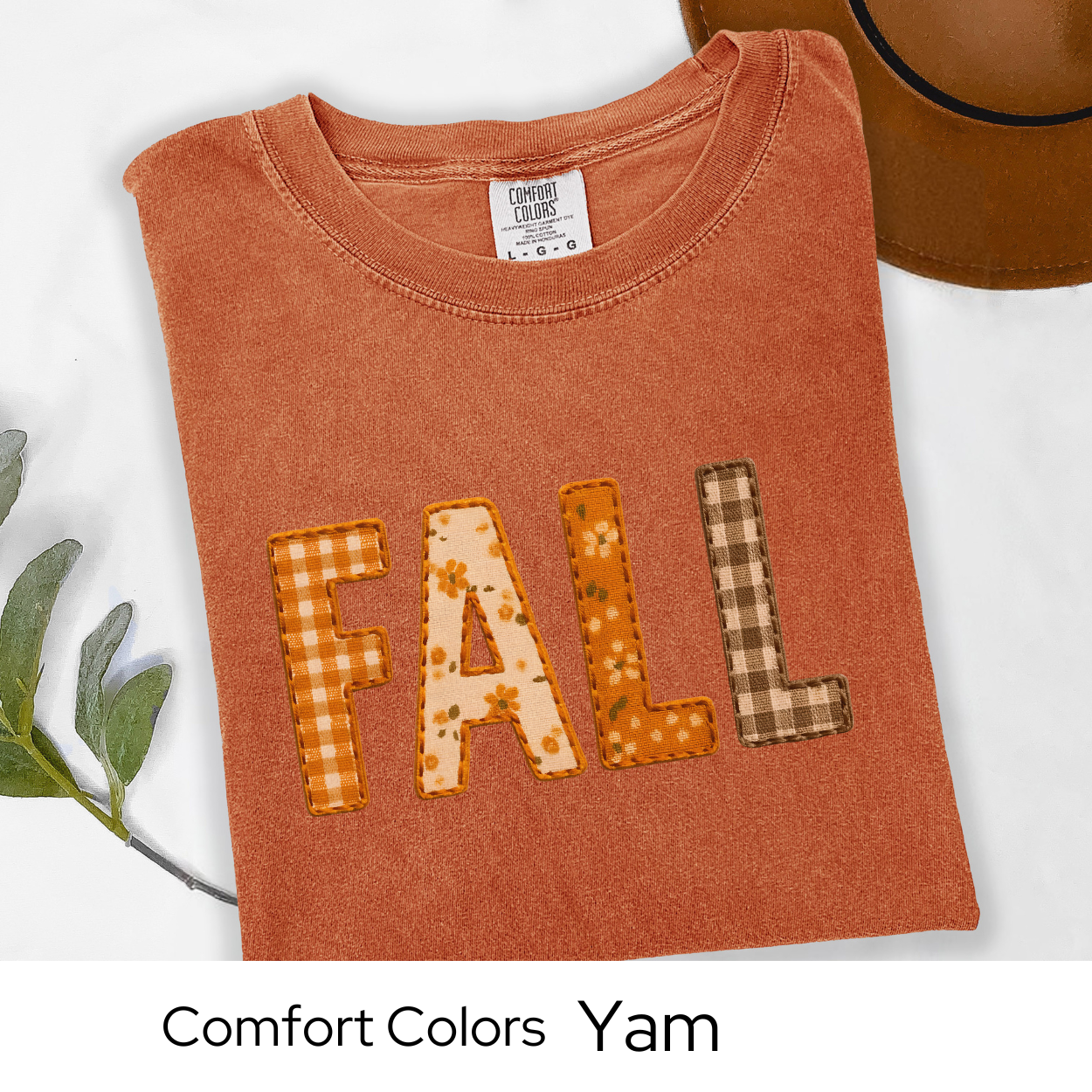 Fall Shirt Faux Embroidery Comfort Colors Tee | Autumn Pumpkin Patchwork Plaid Graphic Top