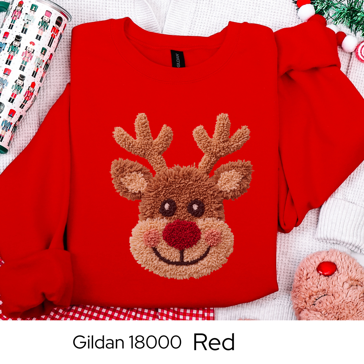 Reindeer Christmas Sweatshirt, Rudolph Lover Gift, Cute Holiday Crewneck, Cozy Winter Sweater, Faux Yarn