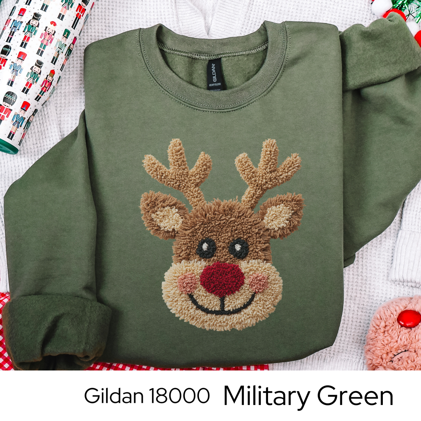 Reindeer Christmas Sweatshirt, Rudolph Lover Gift, Cute Holiday Crewneck, Cozy Winter Sweater, Faux Yarn