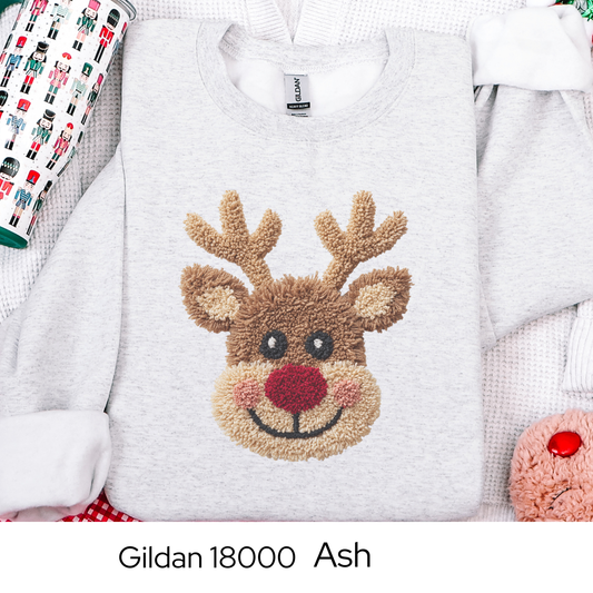 Reindeer Christmas Sweatshirt, Rudolph Lover Gift, Cute Holiday Crewneck, Cozy Winter Sweater, Faux Yarn
