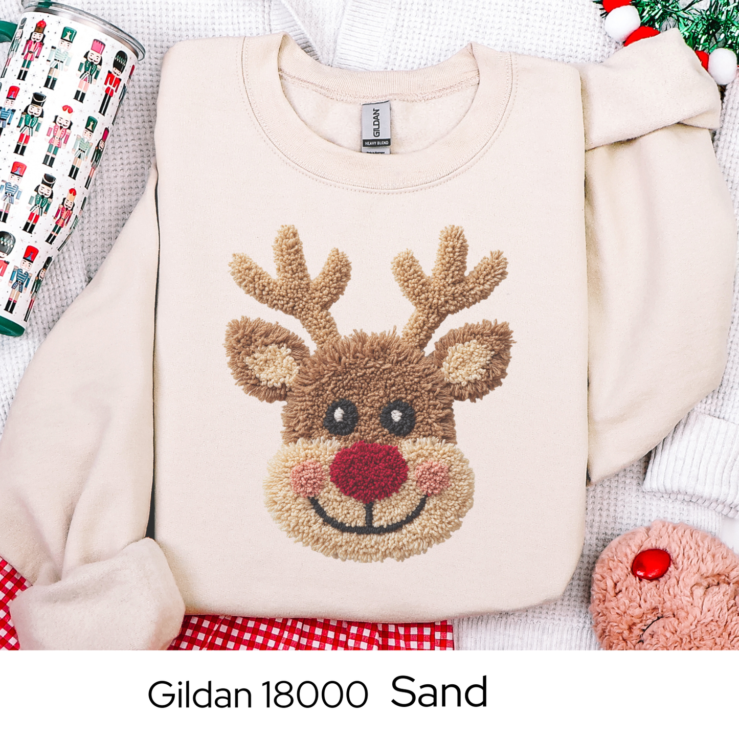 Reindeer Christmas Sweatshirt, Rudolph Lover Gift, Cute Holiday Crewneck, Cozy Winter Sweater, Faux Yarn