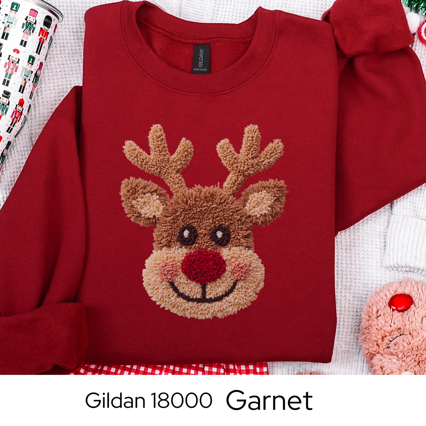 Reindeer Christmas Sweatshirt, Rudolph Lover Gift, Cute Holiday Crewneck, Cozy Winter Sweater, Faux Yarn