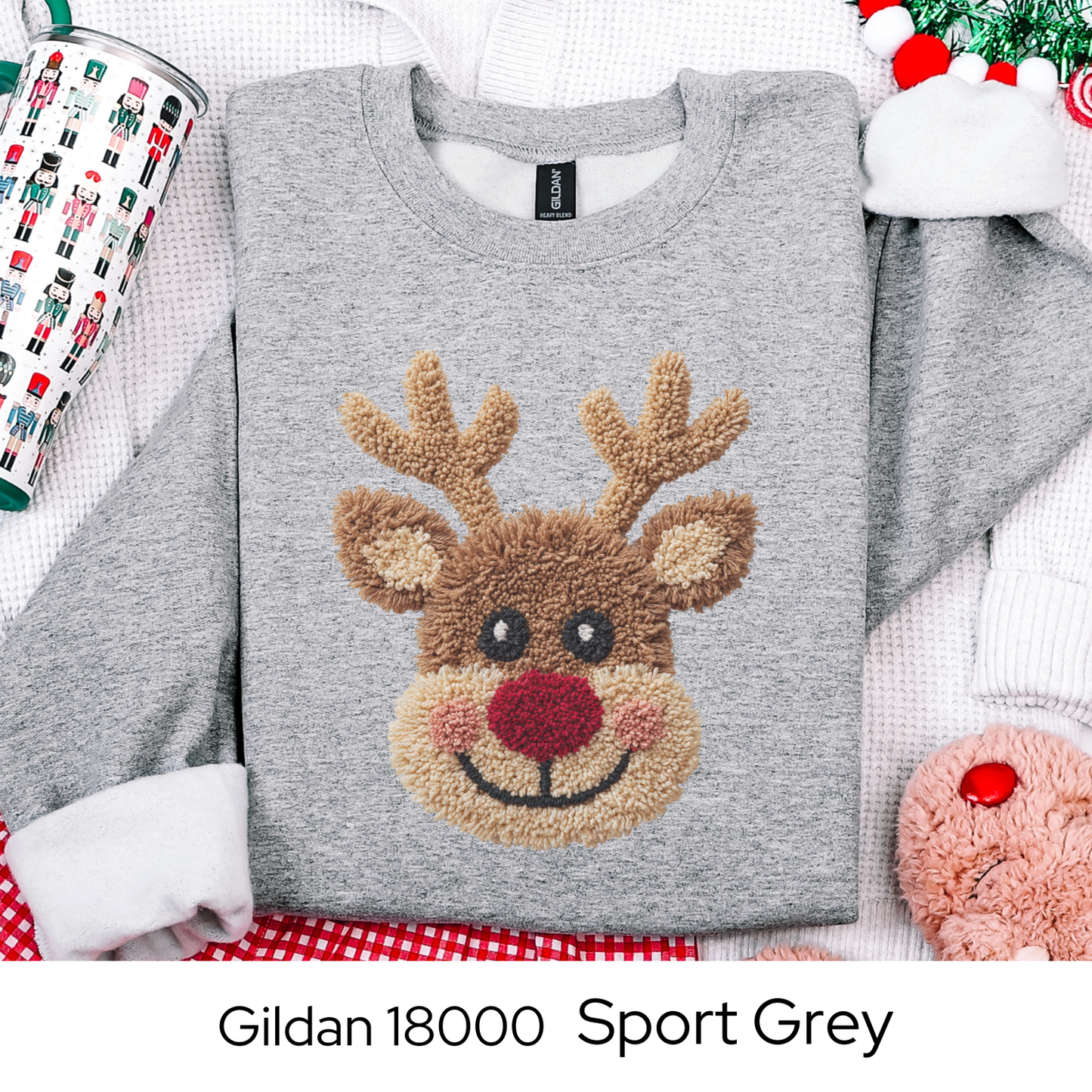 Reindeer Christmas Sweatshirt, Rudolph Lover Gift, Cute Holiday Crewneck, Cozy Winter Sweater, Faux Yarn