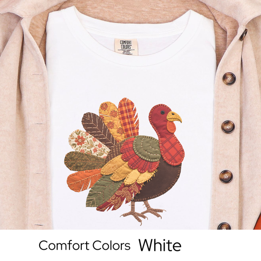 Thanksgiving Turkey Shirt, Fall Graphic Tee for Women, Patchwork Autumn Colors, Cozy Rustic Outfit, Faux Quilted Design
