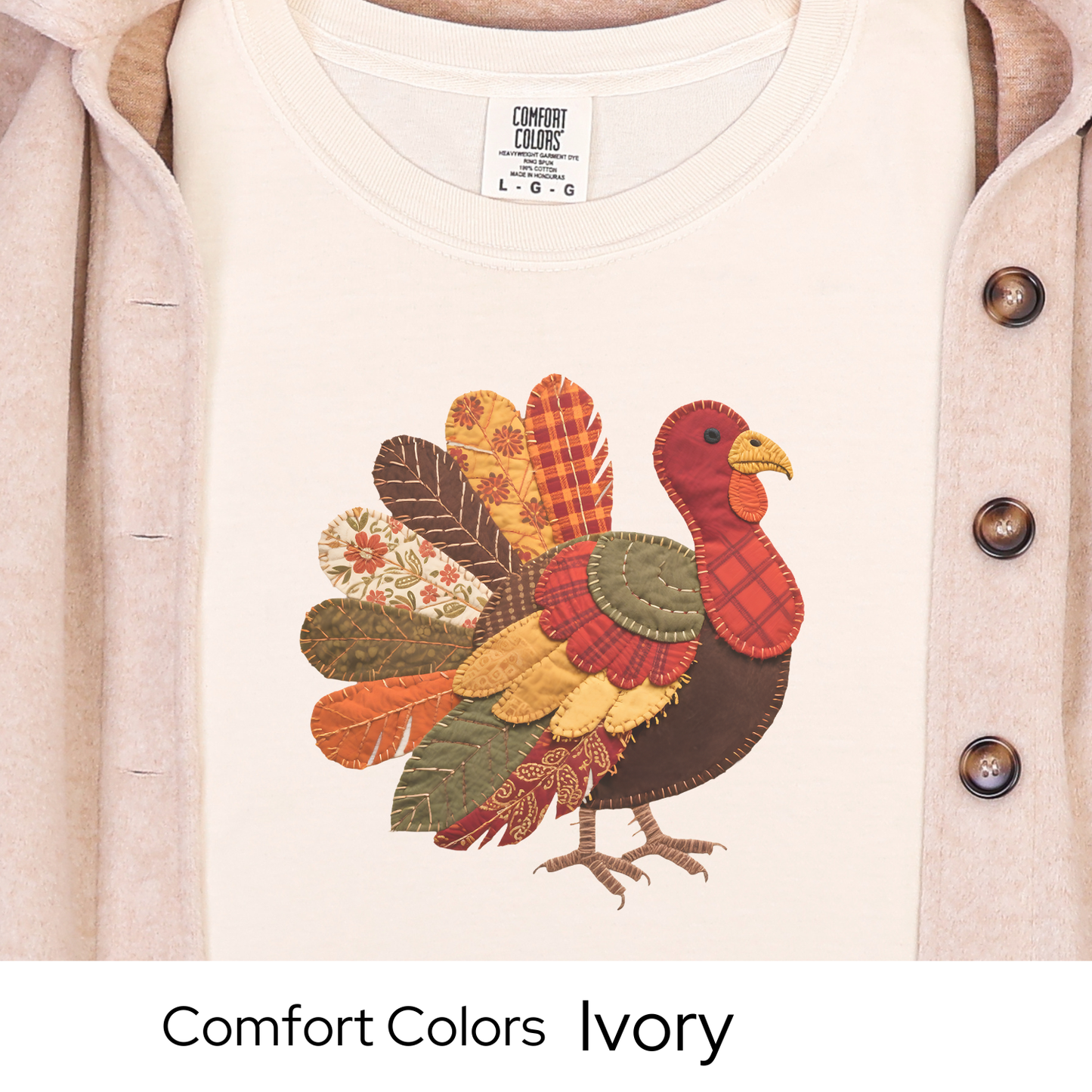 Thanksgiving Turkey Shirt, Fall Graphic Tee for Women, Patchwork Autumn Colors, Cozy Rustic Outfit, Faux Quilted Design