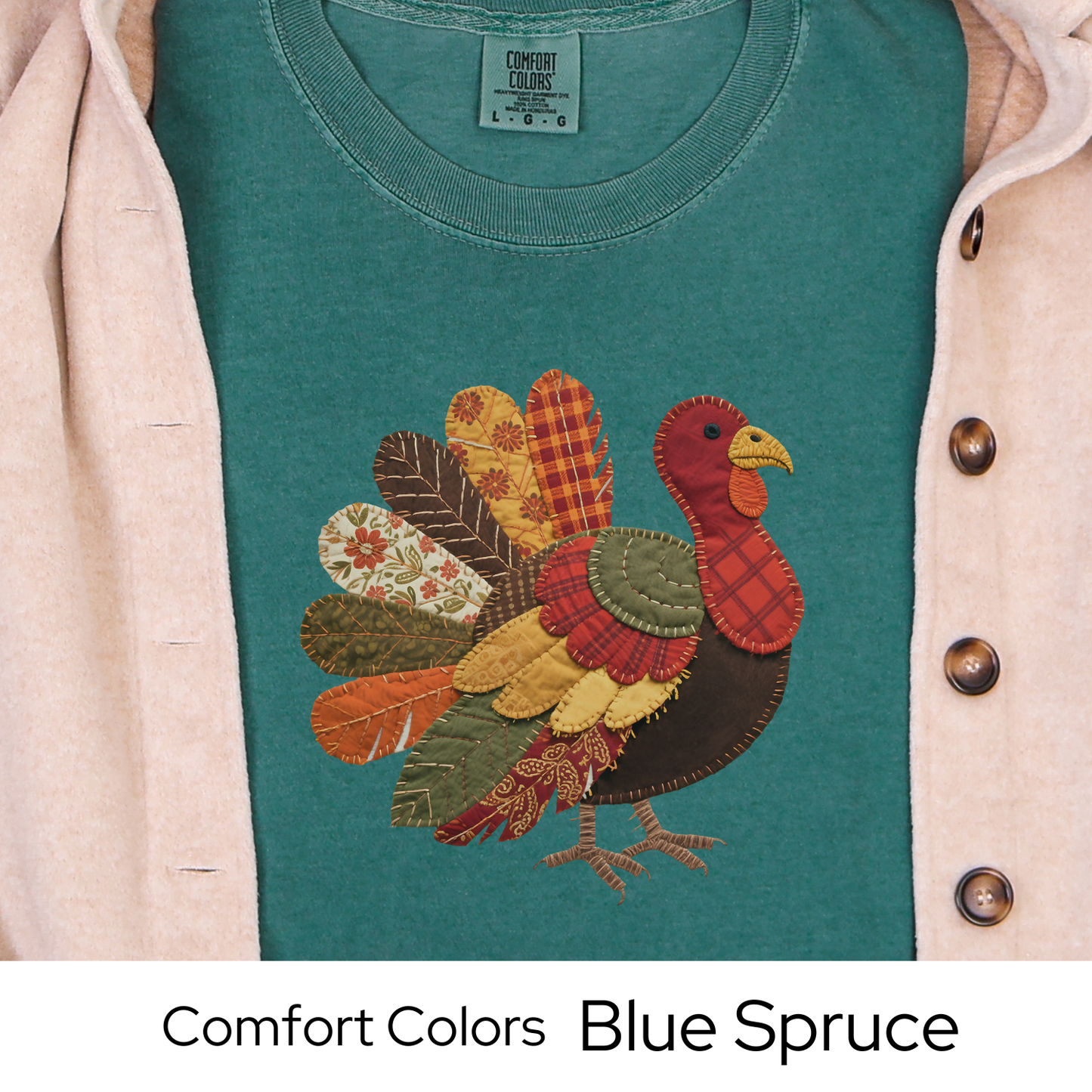 Thanksgiving Turkey Shirt, Fall Graphic Tee for Women, Patchwork Autumn Colors, Cozy Rustic Outfit, Faux Quilted Design