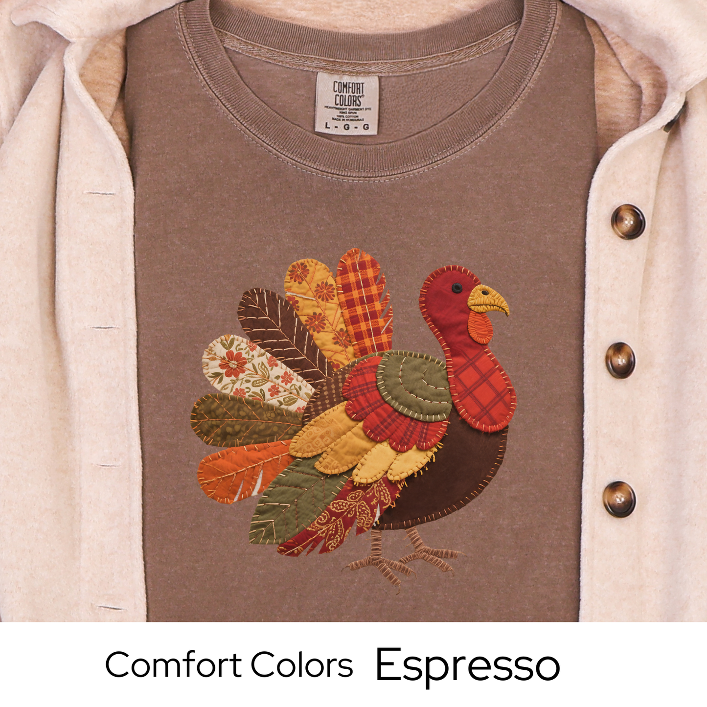 Thanksgiving Turkey Shirt, Fall Graphic Tee for Women, Patchwork Autumn Colors, Cozy Rustic Outfit, Faux Quilted Design