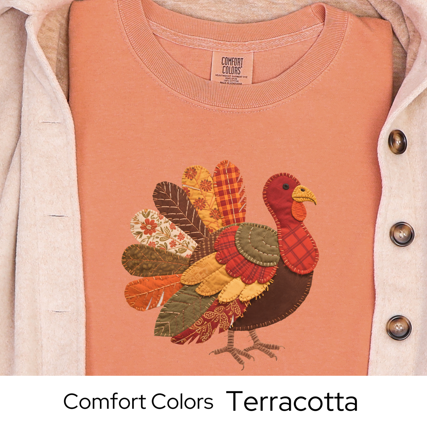 Thanksgiving Turkey Shirt, Fall Graphic Tee for Women, Patchwork Autumn Colors, Cozy Rustic Outfit, Faux Quilted Design