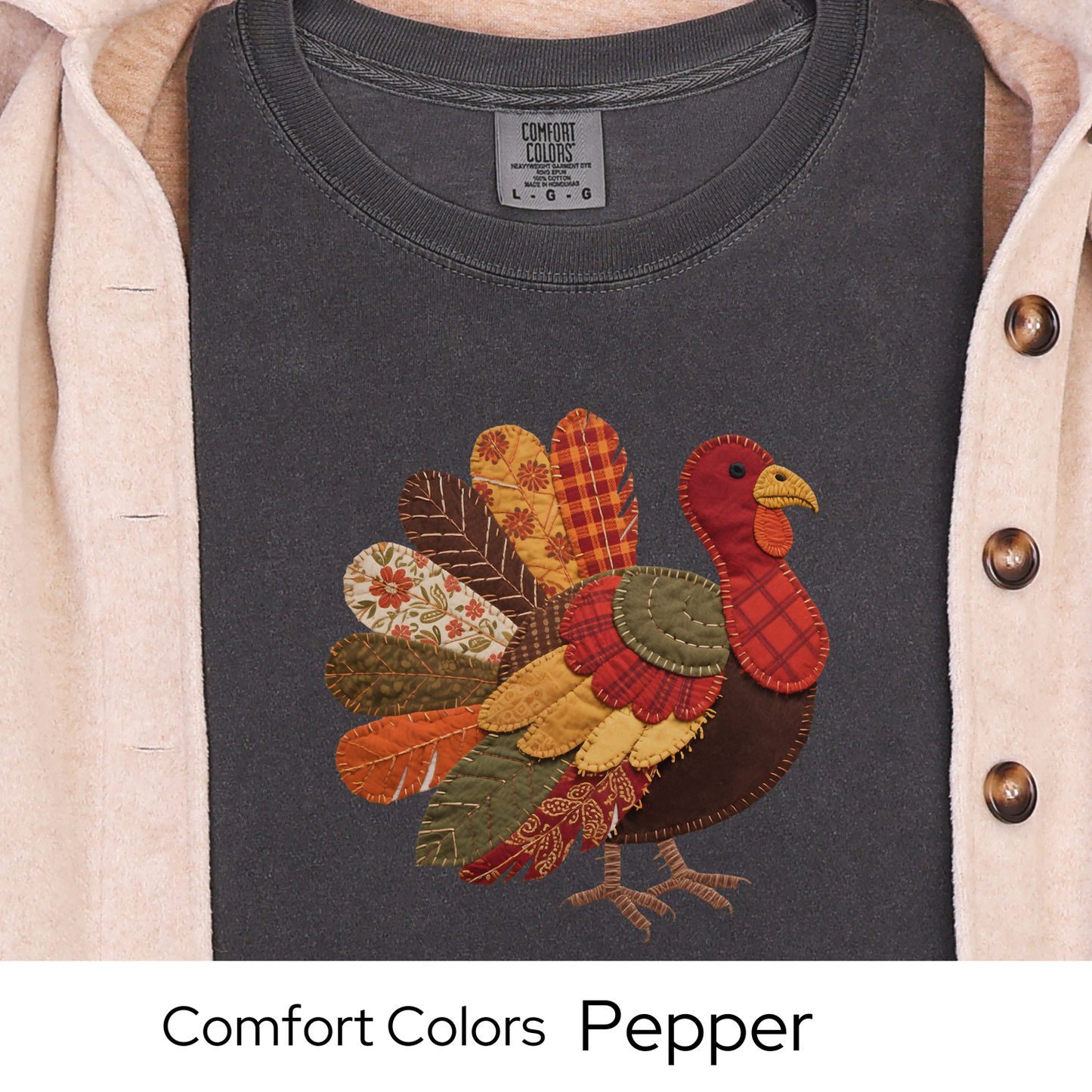 Thanksgiving Turkey Shirt, Fall Graphic Tee for Women, Patchwork Autumn Colors, Cozy Rustic Outfit, Faux Quilted Design