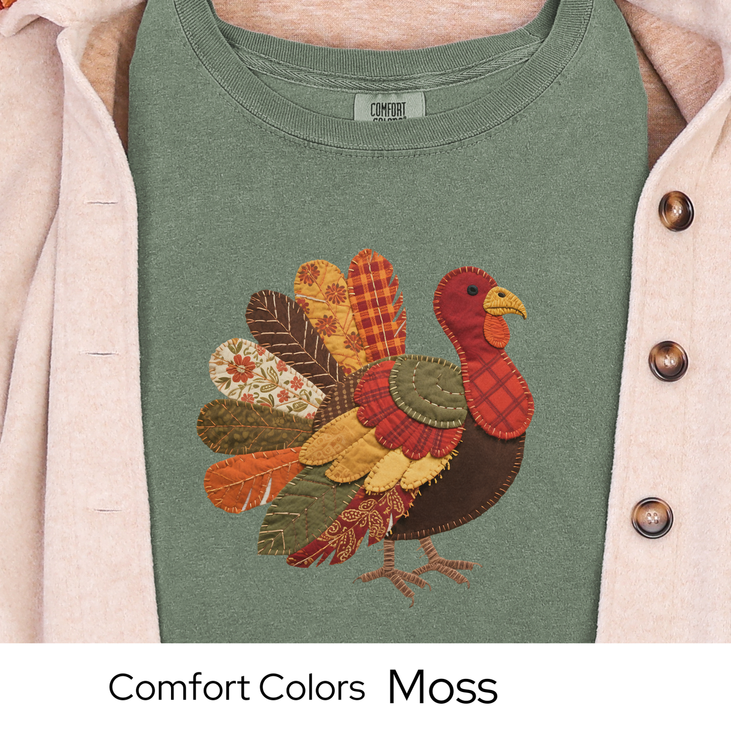Thanksgiving Turkey Shirt, Fall Graphic Tee for Women, Patchwork Autumn Colors, Cozy Rustic Outfit, Faux Quilted Design