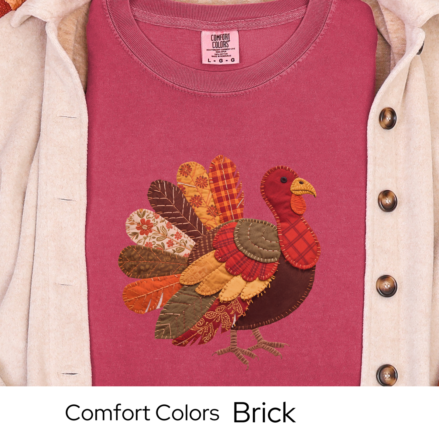 Thanksgiving Turkey Shirt, Fall Graphic Tee for Women, Patchwork Autumn Colors, Cozy Rustic Outfit, Faux Quilted Design