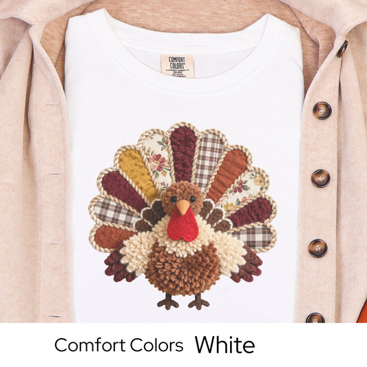 Thanksgiving Turkey Shirt, Fall Graphic Tee for Women, Cozy Autumn Outfit, Patchwork Rustic Design, Faux Yarn