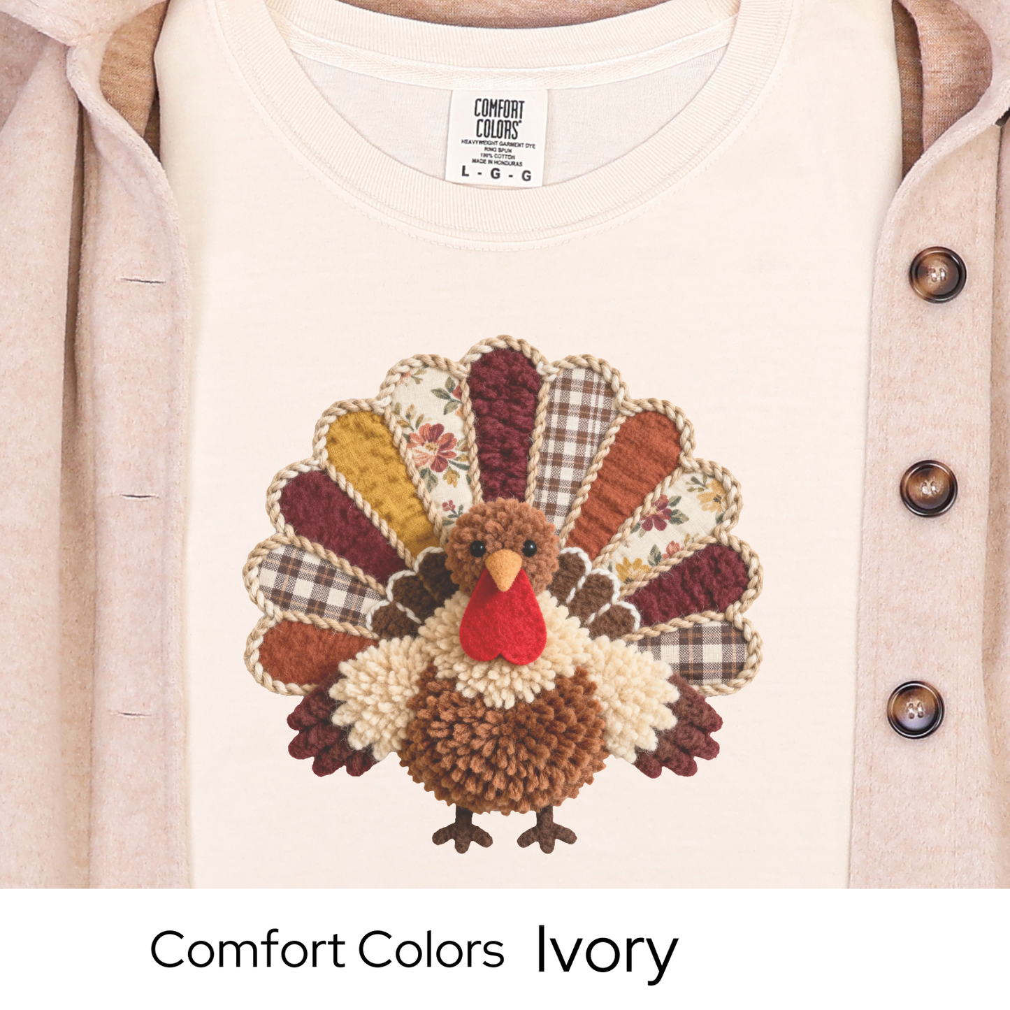Thanksgiving Turkey Shirt, Fall Graphic Tee for Women, Cozy Autumn Outfit, Patchwork Rustic Design, Faux Yarn