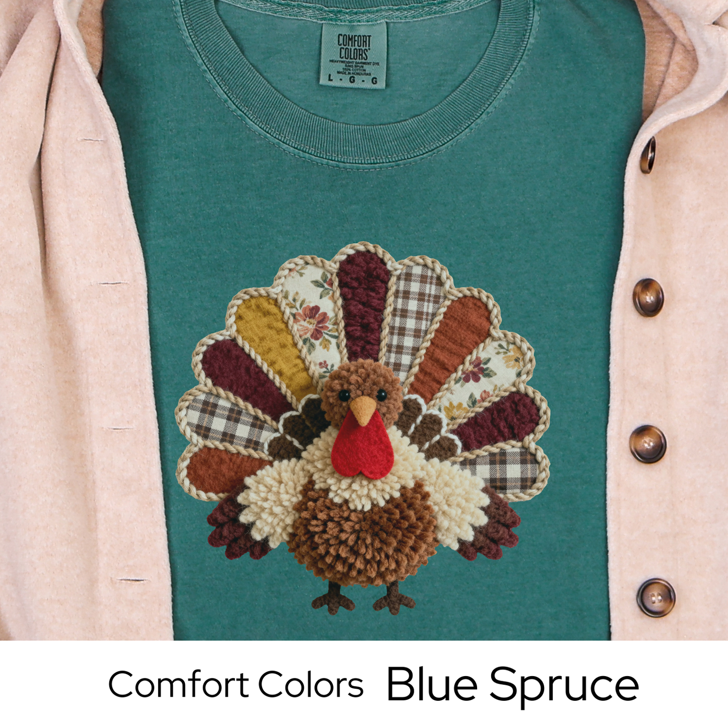 Thanksgiving Turkey Shirt, Fall Graphic Tee for Women, Cozy Autumn Outfit, Patchwork Rustic Design, Faux Yarn