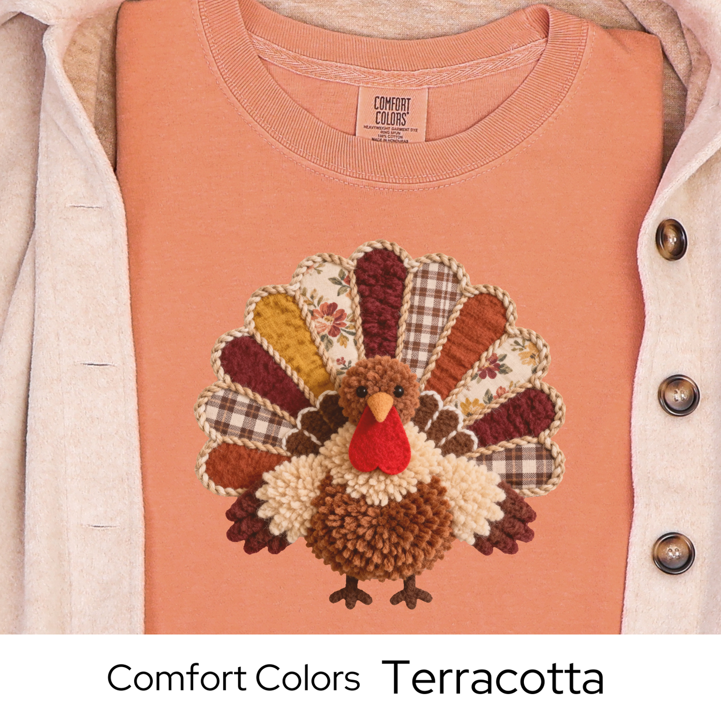 Thanksgiving Turkey Shirt, Fall Graphic Tee for Women, Cozy Autumn Outfit, Patchwork Rustic Design, Faux Yarn