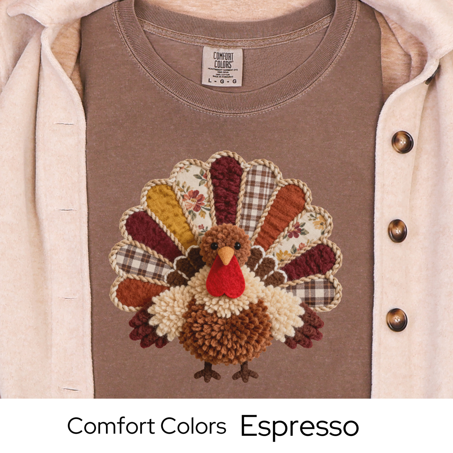 Thanksgiving Turkey Shirt, Fall Graphic Tee for Women, Cozy Autumn Outfit, Patchwork Rustic Design, Faux Yarn