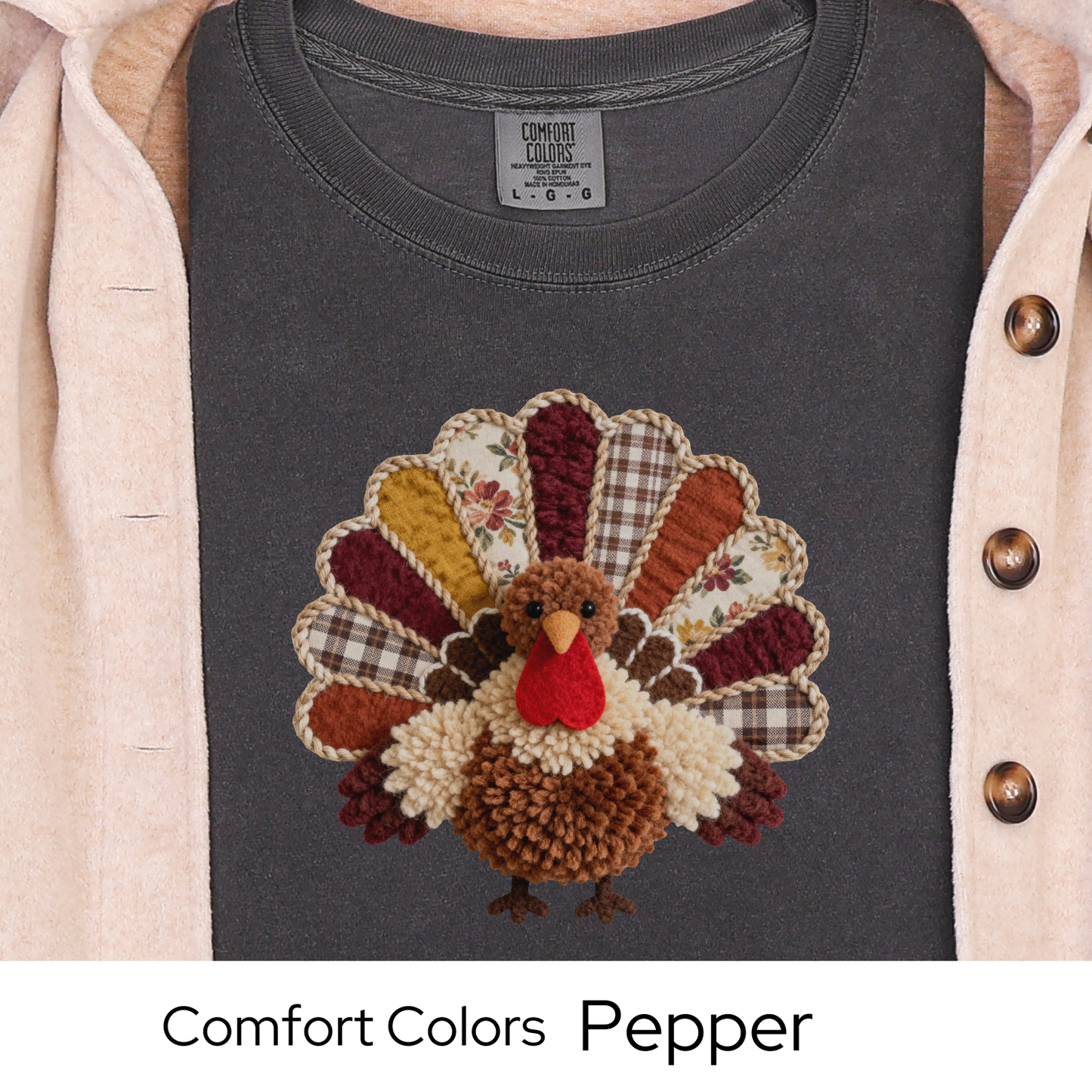 Thanksgiving Turkey Shirt, Fall Graphic Tee for Women, Cozy Autumn Outfit, Patchwork Rustic Design, Faux Yarn