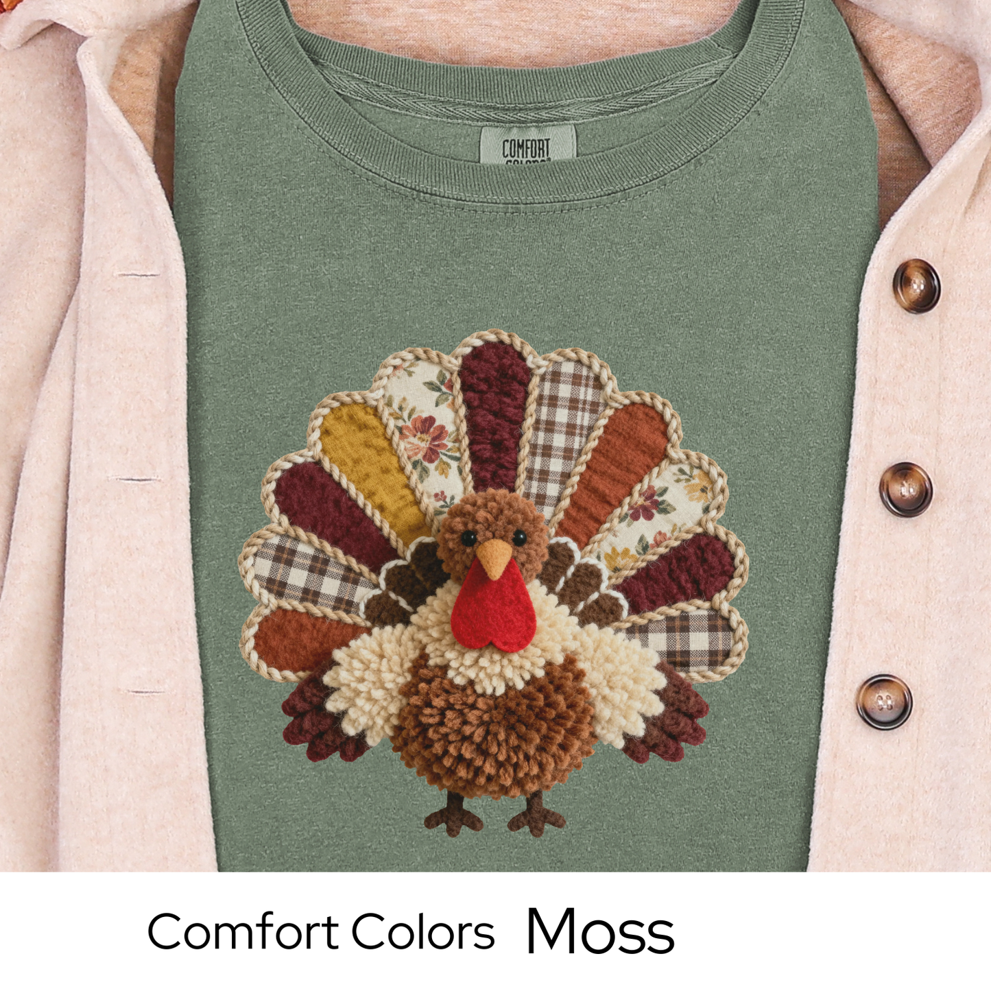 Thanksgiving Turkey Shirt, Fall Graphic Tee for Women, Cozy Autumn Outfit, Patchwork Rustic Design, Faux Yarn