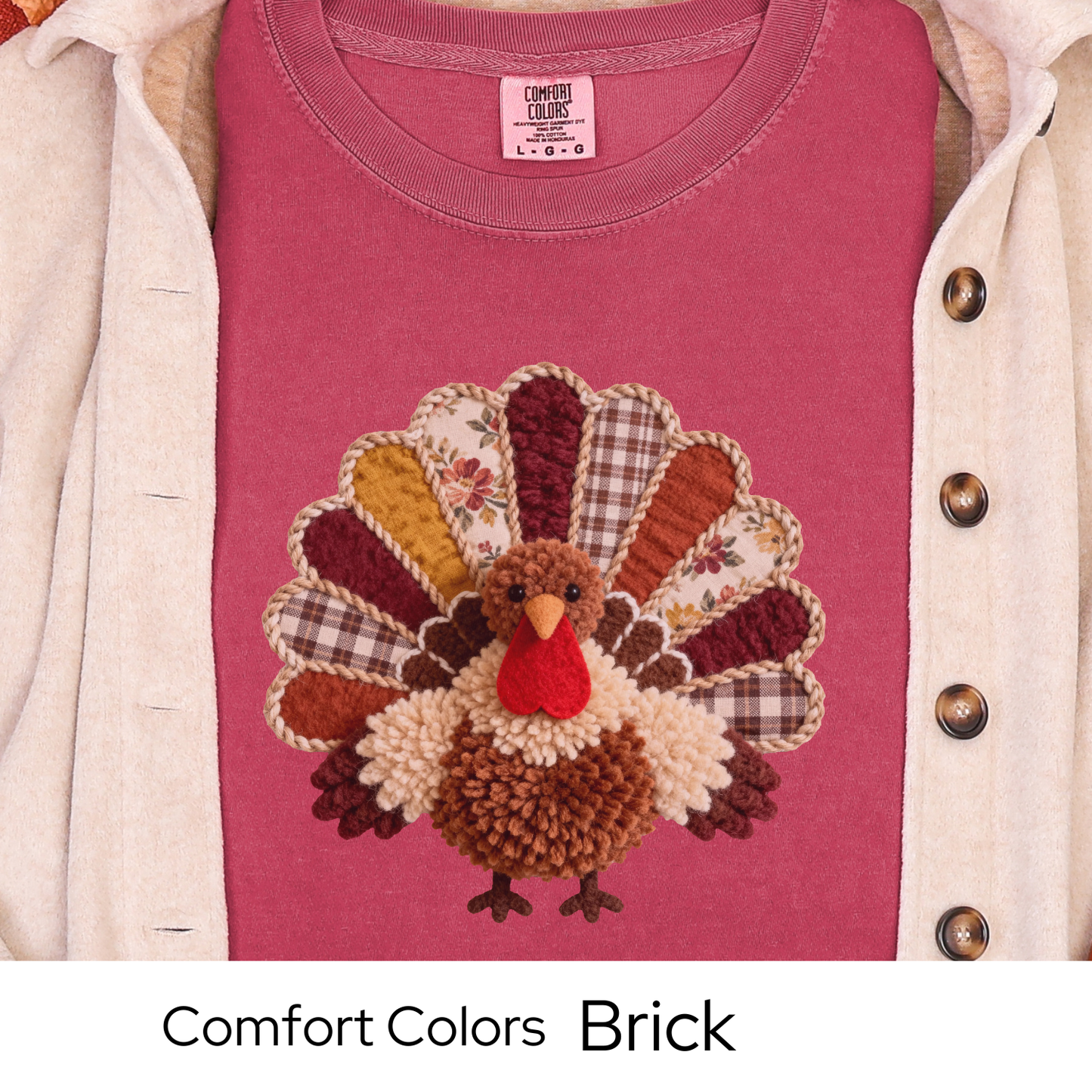 Thanksgiving Turkey Shirt, Fall Graphic Tee for Women, Cozy Autumn Outfit, Patchwork Rustic Design, Faux Yarn