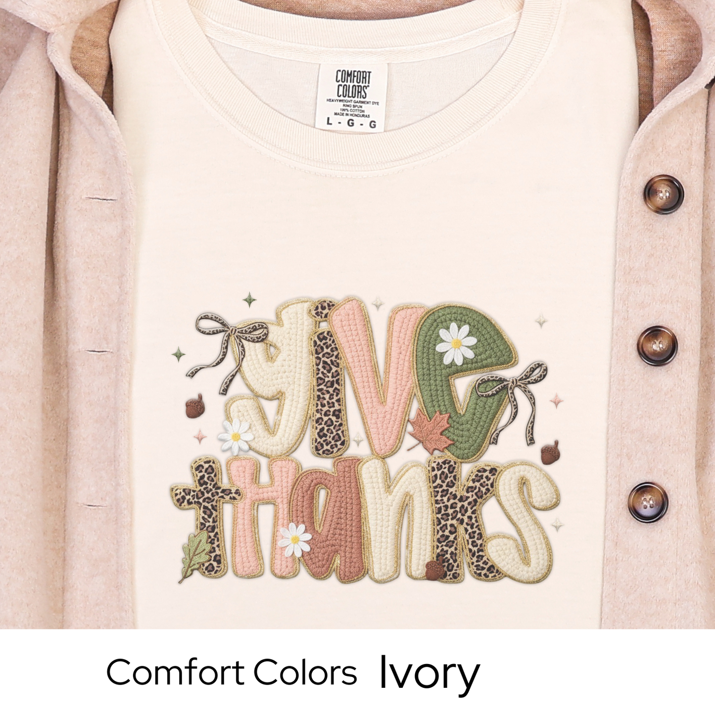 Thanksgiving Shirt, Fall Graphic Tee for Women, Leopard and Neutral Autumn Colors, Give Thanks Quote, Cozy Fall Outfit, Faux Yarn