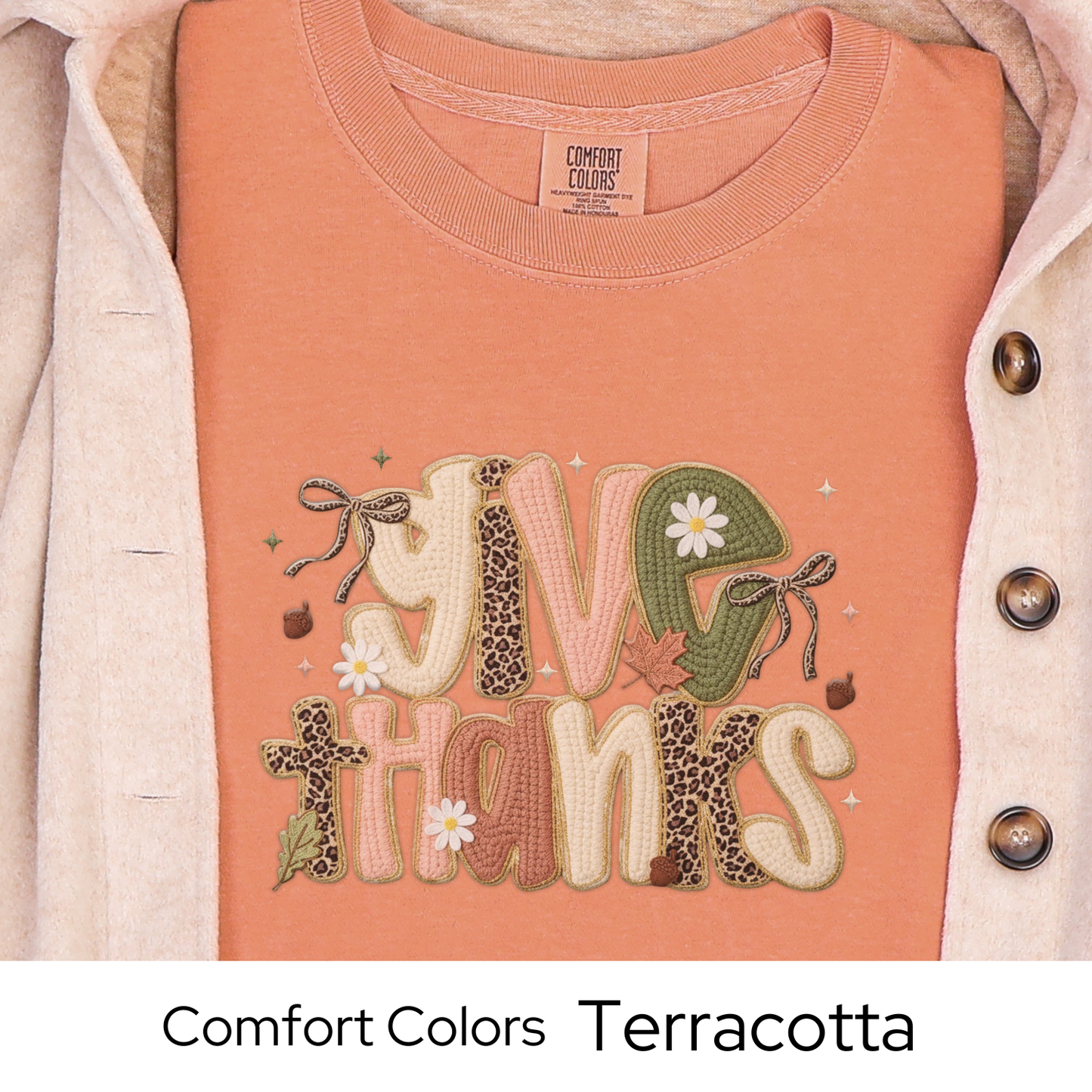 Thanksgiving Shirt, Fall Graphic Tee for Women, Leopard and Neutral Autumn Colors, Give Thanks Quote, Cozy Fall Outfit, Faux Yarn