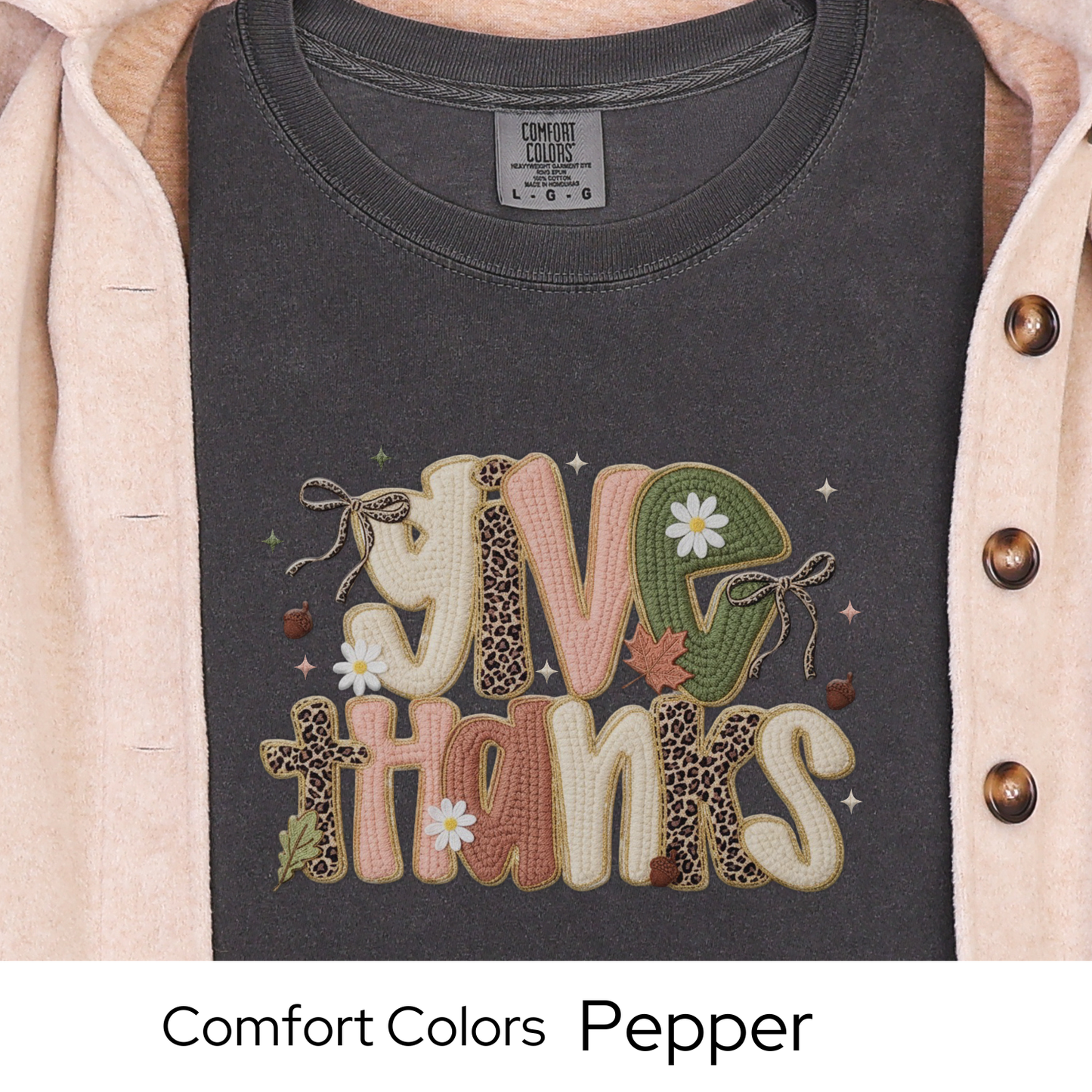 Thanksgiving Shirt, Fall Graphic Tee for Women, Leopard and Neutral Autumn Colors, Give Thanks Quote, Cozy Fall Outfit, Faux Yarn
