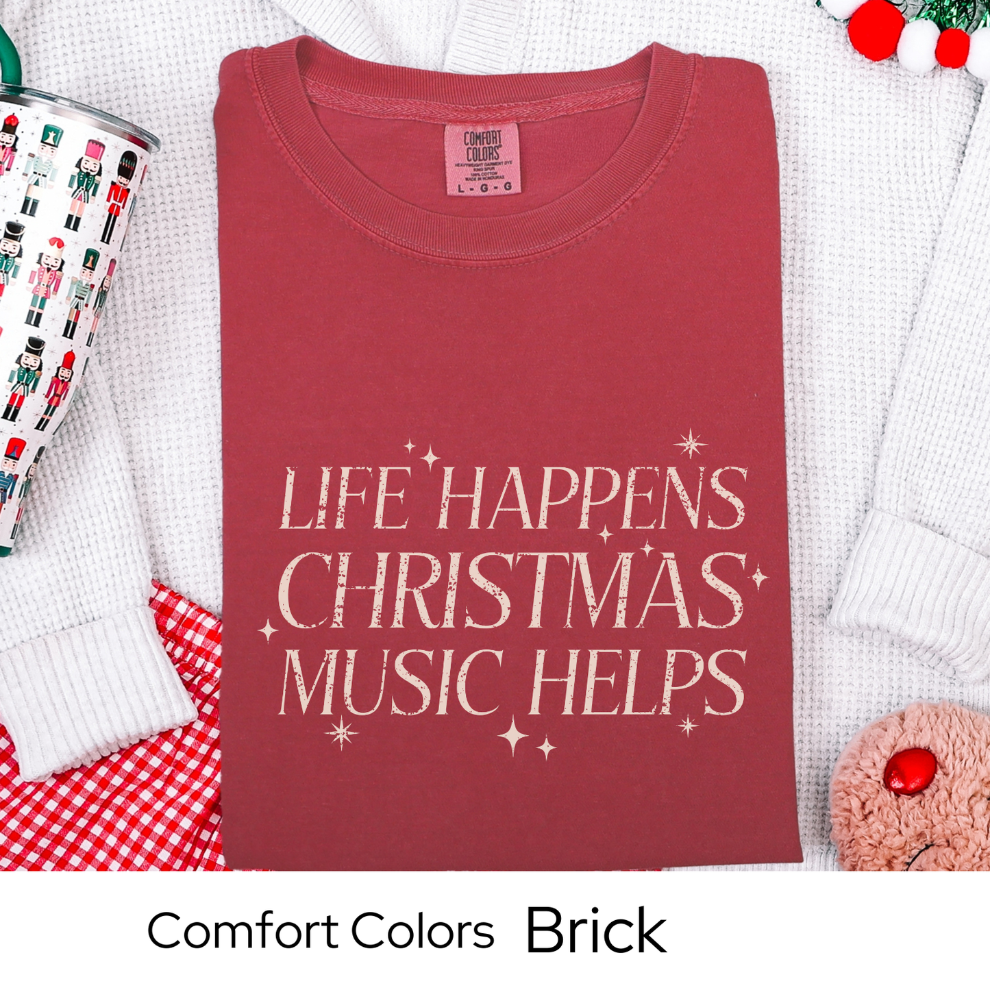 Christmas Music Shirt, Life Happens Christmas Music Helps Tee, Retro Holiday Graphic T-Shirt, Festive Gift Idea, Comfort Colors