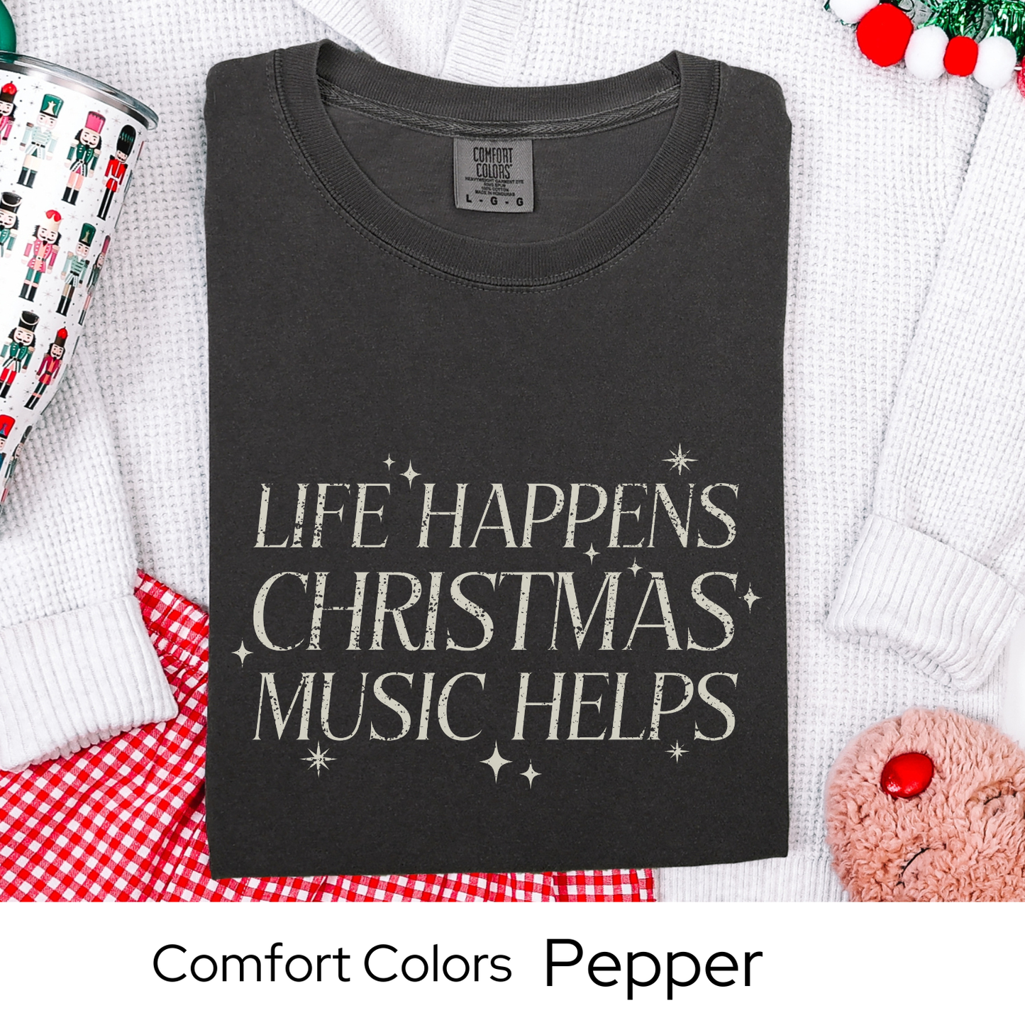 Christmas Music Shirt, Life Happens Christmas Music Helps Tee, Retro Holiday Graphic T-Shirt, Festive Gift Idea, Comfort Colors