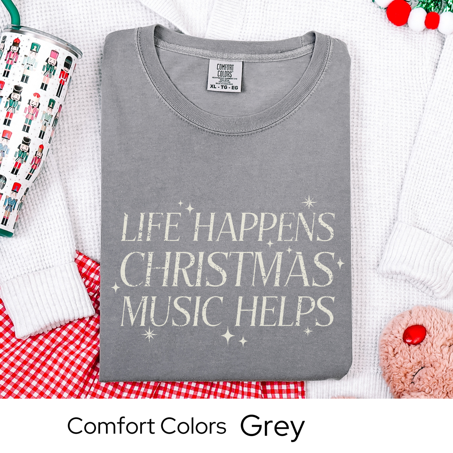 Christmas Music Shirt, Life Happens Christmas Music Helps Tee, Retro Holiday Graphic T-Shirt, Festive Gift Idea, Comfort Colors