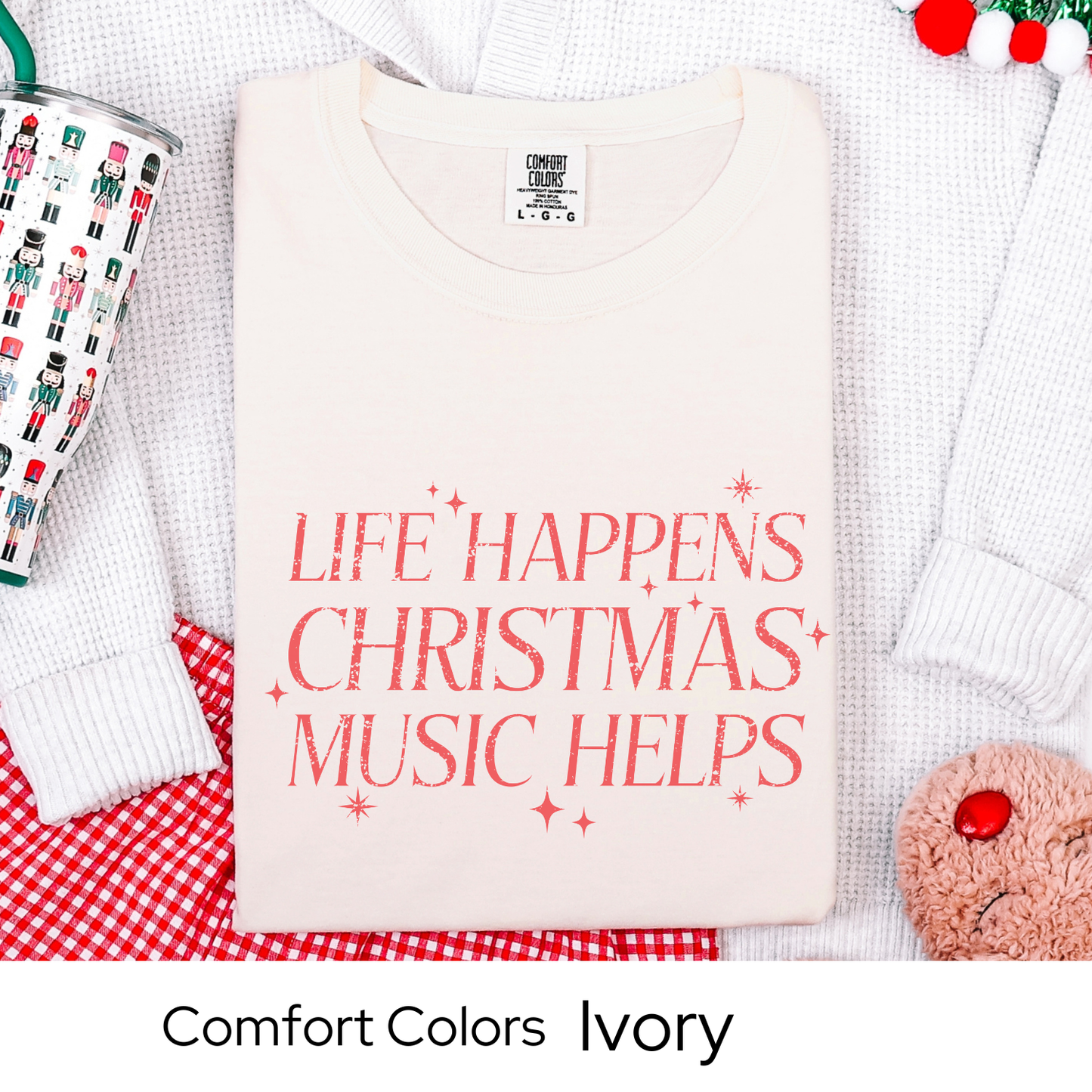 Christmas Music Shirt, Life Happens Christmas Music Helps Tee, Retro Holiday Graphic T-Shirt, Festive Gift Idea, Comfort Colors