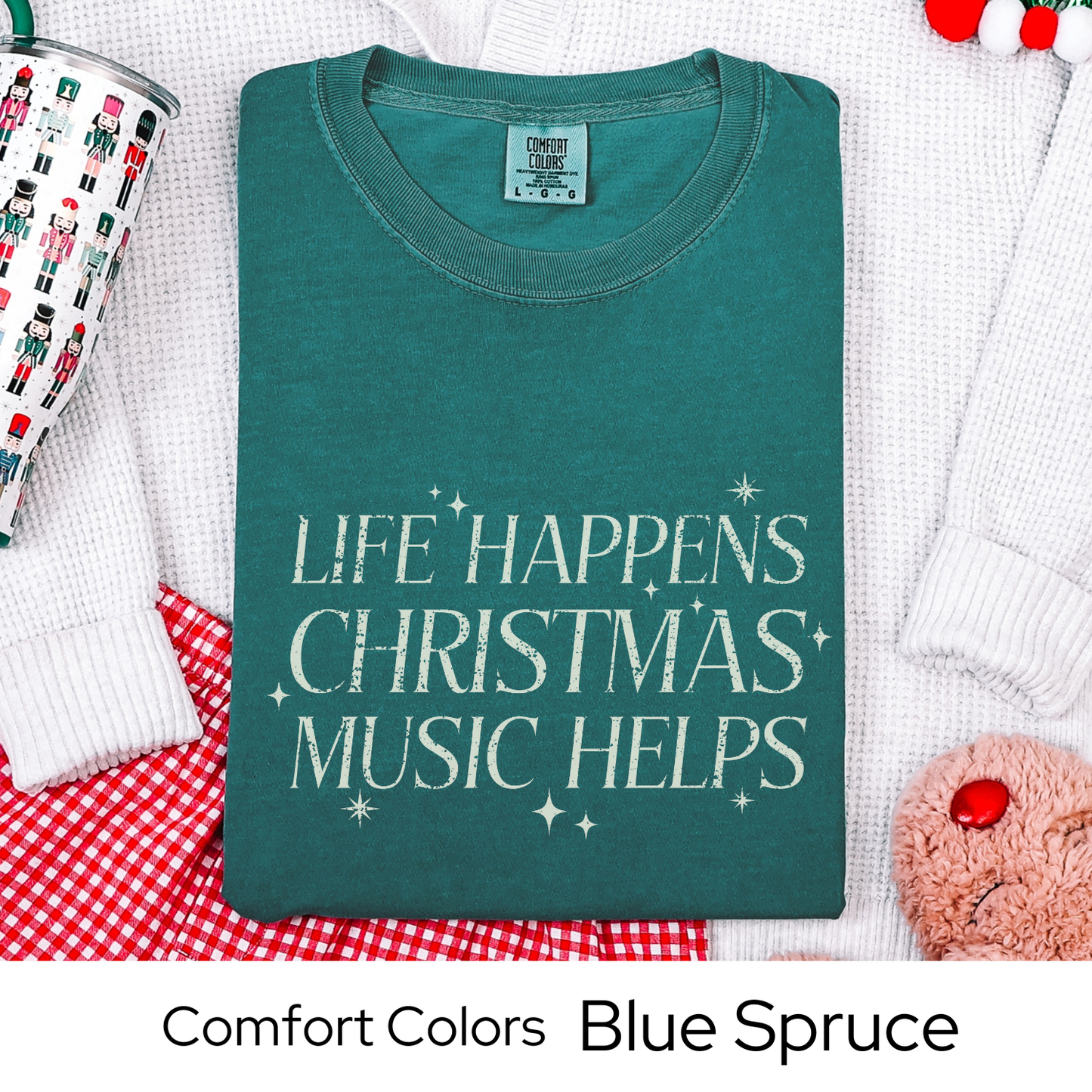 Christmas Music Shirt, Life Happens Christmas Music Helps Tee, Retro Holiday Graphic T-Shirt, Festive Gift Idea, Comfort Colors