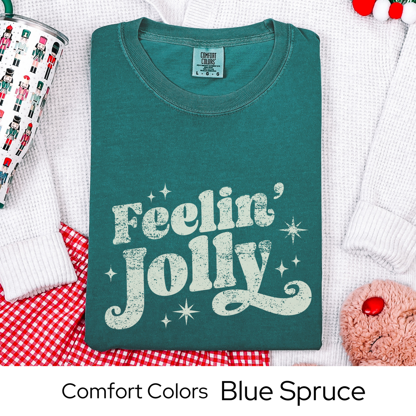 Feelin Jolly Shirt, Retro Christmas Tee, Holiday Graphic T-Shirt for Women, Festive Gift Idea, Groovy Christmas Outfit