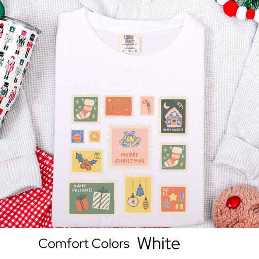 Vintage Christmas Postage Stamp Shirt, Retro Holiday Graphic Tee, Merry Christmas Gift Shirt, Comfort Colors 1717