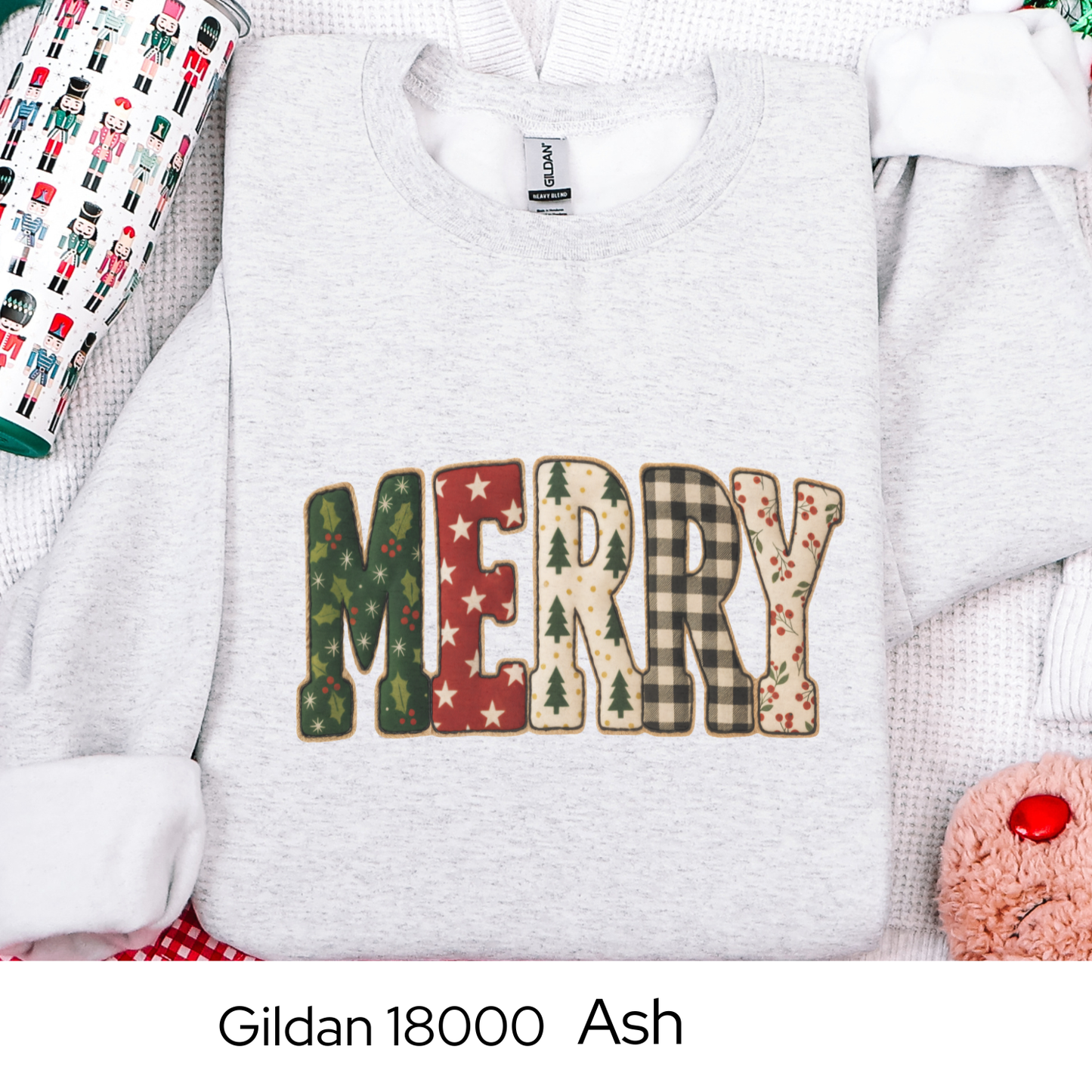 Merry Christmas Sweatshirt, Holiday Crewneck, Cozy Winter Outfit, Cute Patchwork Sweater, Christmas Gift for Her, Faux Quilted