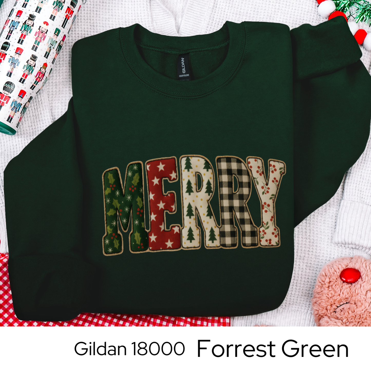 Merry Christmas Sweatshirt, Holiday Crewneck, Cozy Winter Outfit, Cute Patchwork Sweater, Christmas Gift for Her, Faux Quilted
