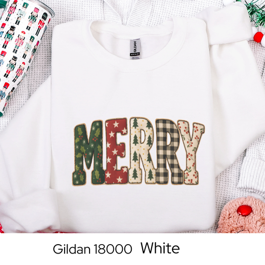 Merry Christmas Sweatshirt, Holiday Crewneck, Cozy Winter Outfit, Cute Patchwork Sweater, Christmas Gift for Her, Faux Quilted
