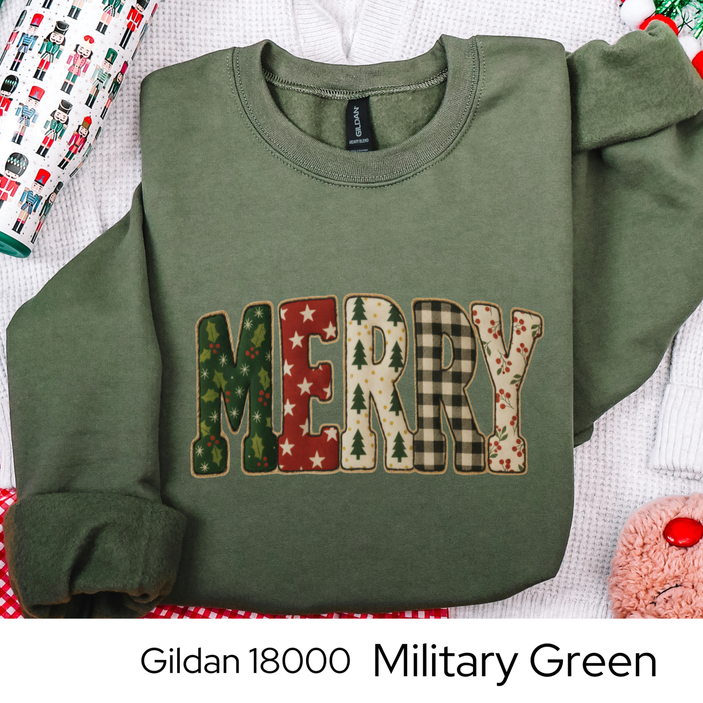 Merry Christmas Sweatshirt, Holiday Crewneck, Cozy Winter Outfit, Cute Patchwork Sweater, Christmas Gift for Her, Faux Quilted