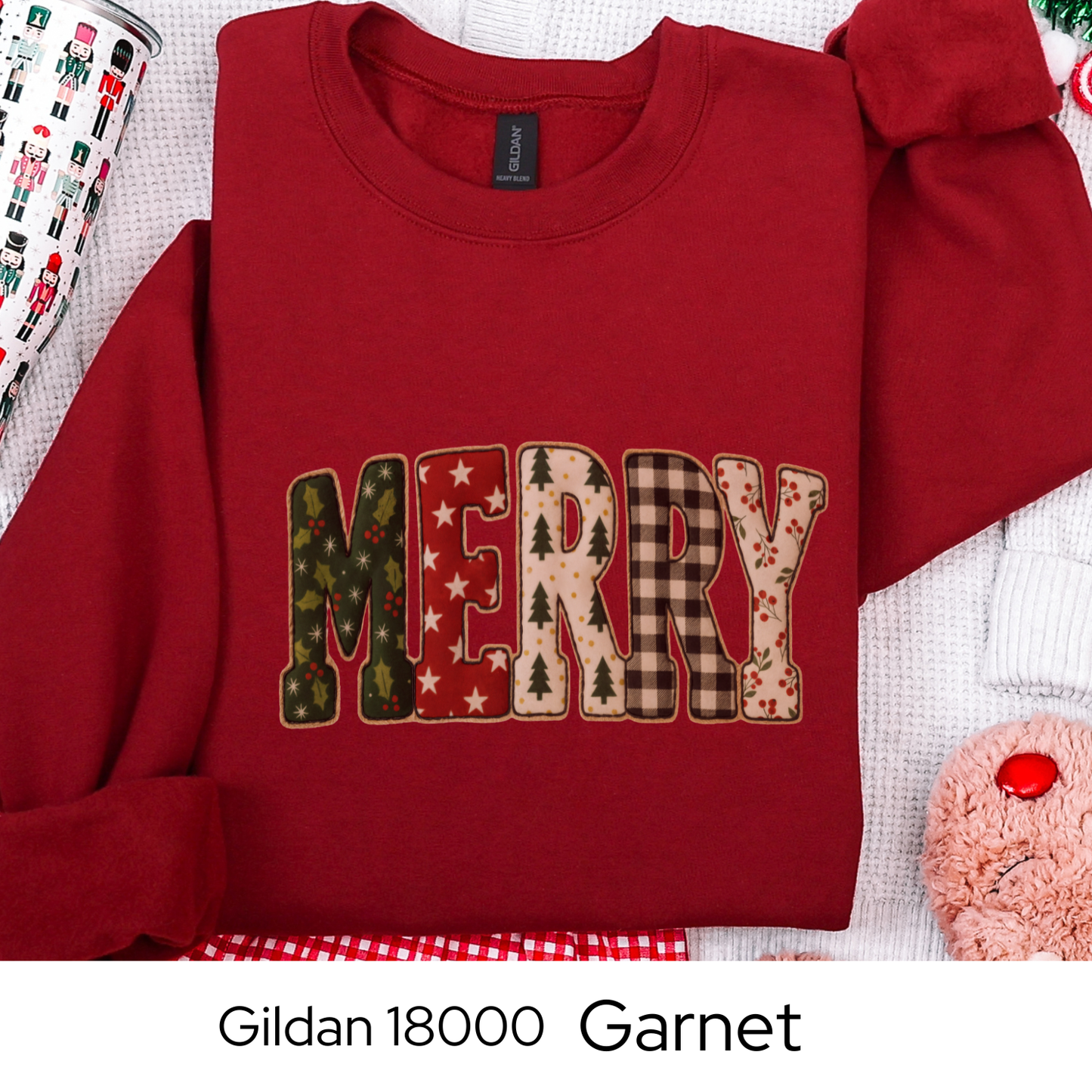 Merry Christmas Sweatshirt, Holiday Crewneck, Cozy Winter Outfit, Cute Patchwork Sweater, Christmas Gift for Her, Faux Quilted