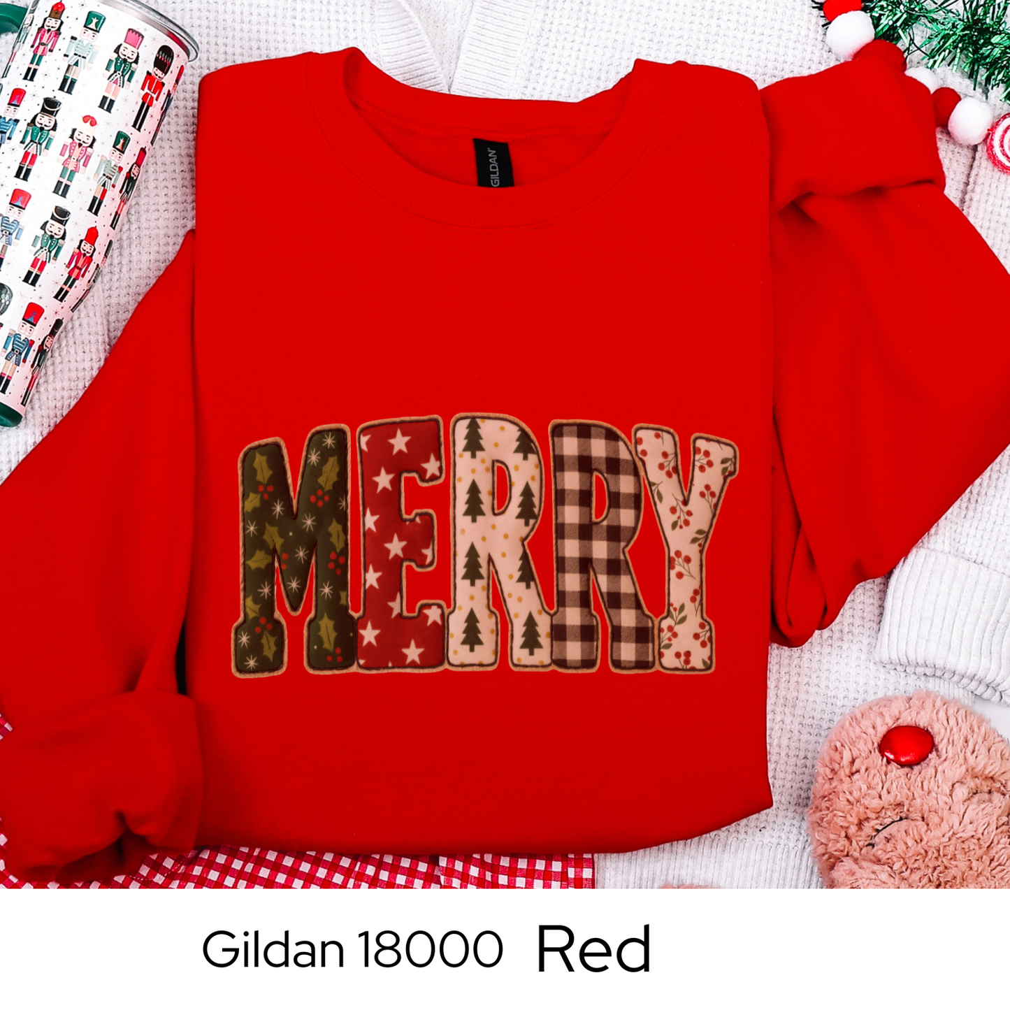Merry Christmas Sweatshirt, Holiday Crewneck, Cozy Winter Outfit, Cute Patchwork Sweater, Christmas Gift for Her, Faux Quilted