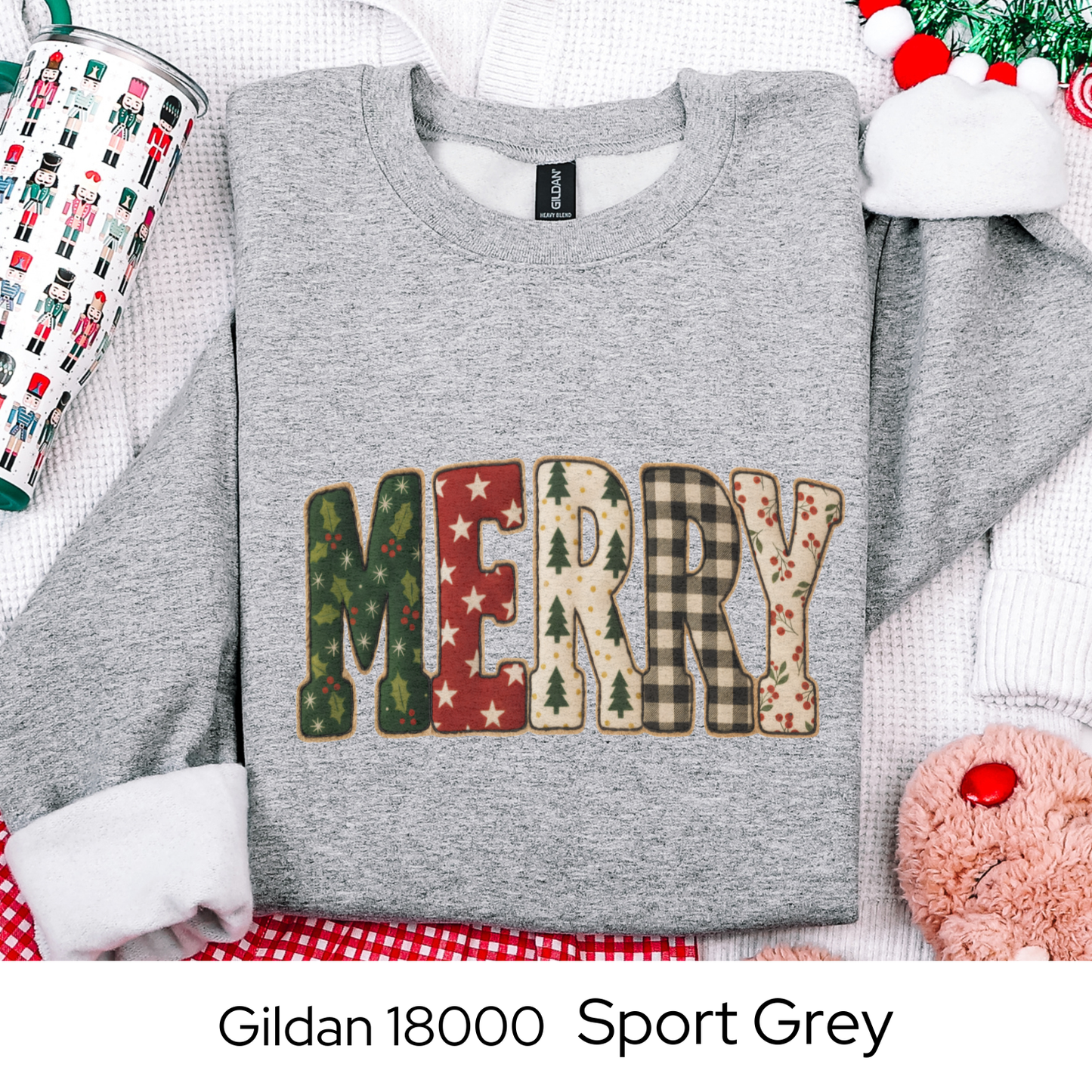 Merry Christmas Sweatshirt, Holiday Crewneck, Cozy Winter Outfit, Cute Patchwork Sweater, Christmas Gift for Her, Faux Quilted